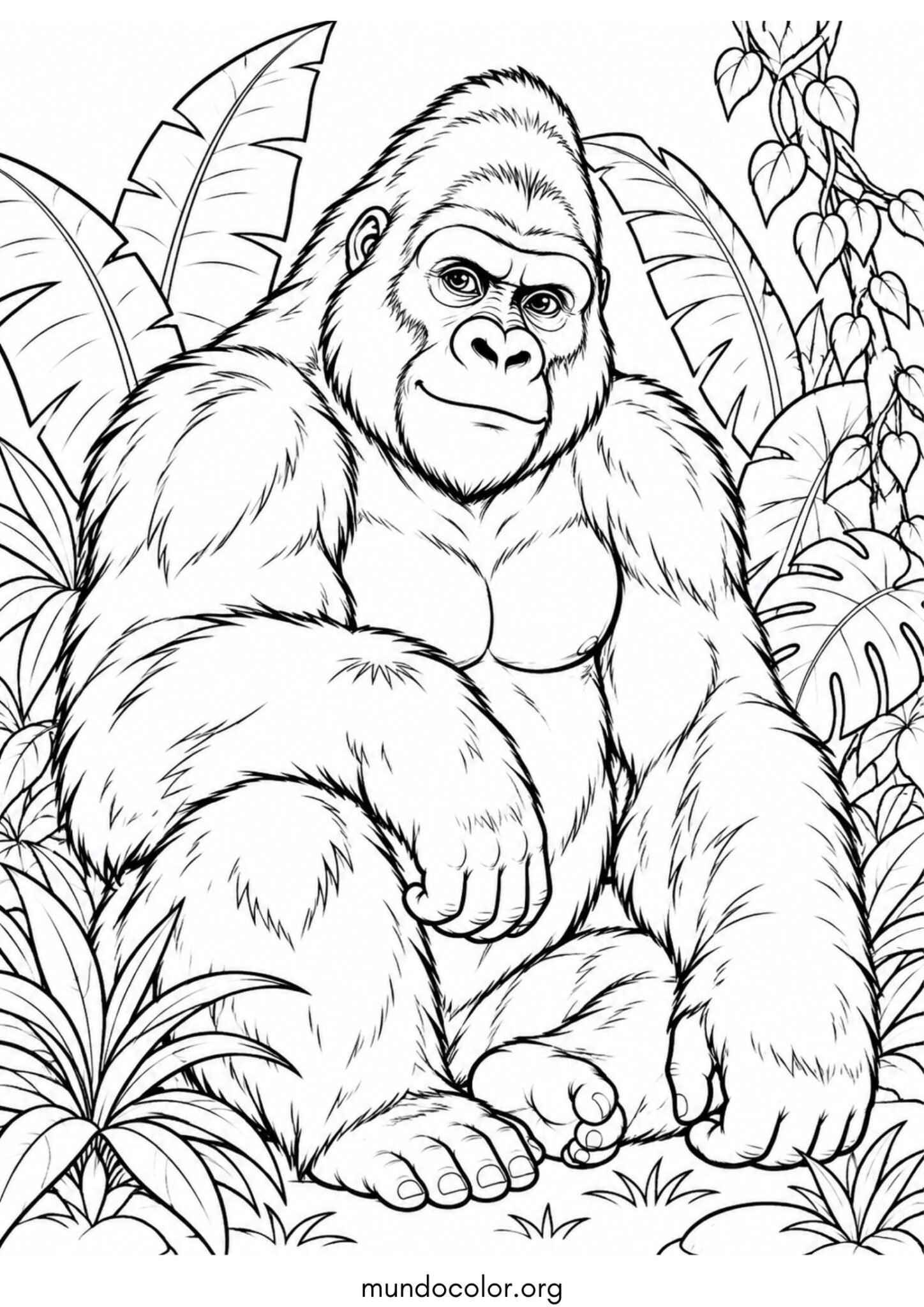 Dibujo de Gorila majestuoso sentado tranquilamente en la selva tropical para imprimir Dibujo de Gorila majestuoso sentado tranquilamente en la selva tropical para colorear