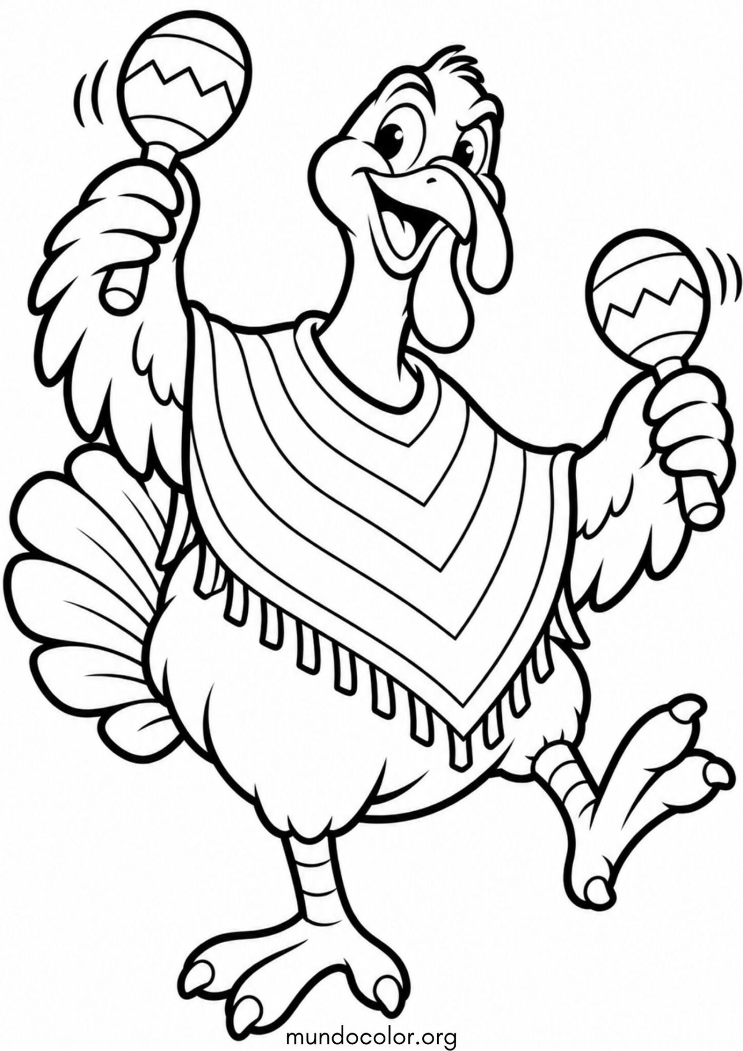 Dibujo de Guajolote con poncho tradicional de rayas y maracas festivas para imprimir Dibujo de Guajolote con poncho tradicional de rayas y maracas festivas para colorear