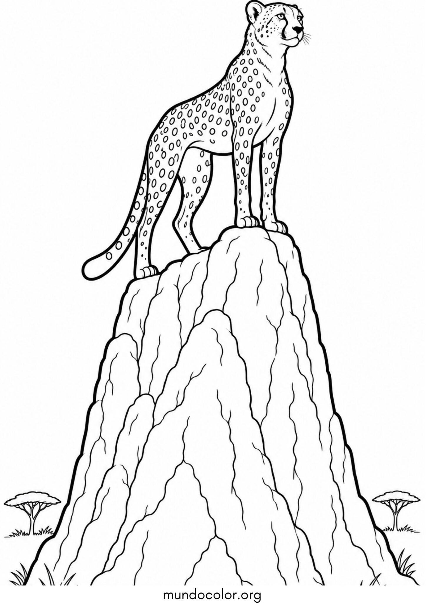 Dibujo de Guepardo observando desde lo alto de un termitero gigante para imprimir Dibujo de Guepardo observando desde lo alto de un termitero gigante para colorear