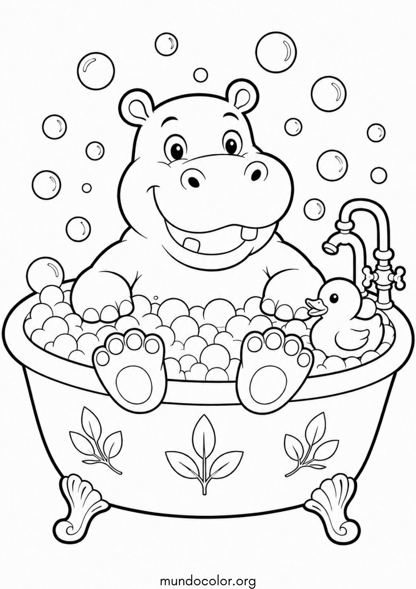 Dibujo de Hipopótamo bañándose en una tina con burbujas de jabón y patito de goma para imprimir Dibujo de Hipopótamo bañándose en una tina con burbujas de jabón y patito de goma para colorear