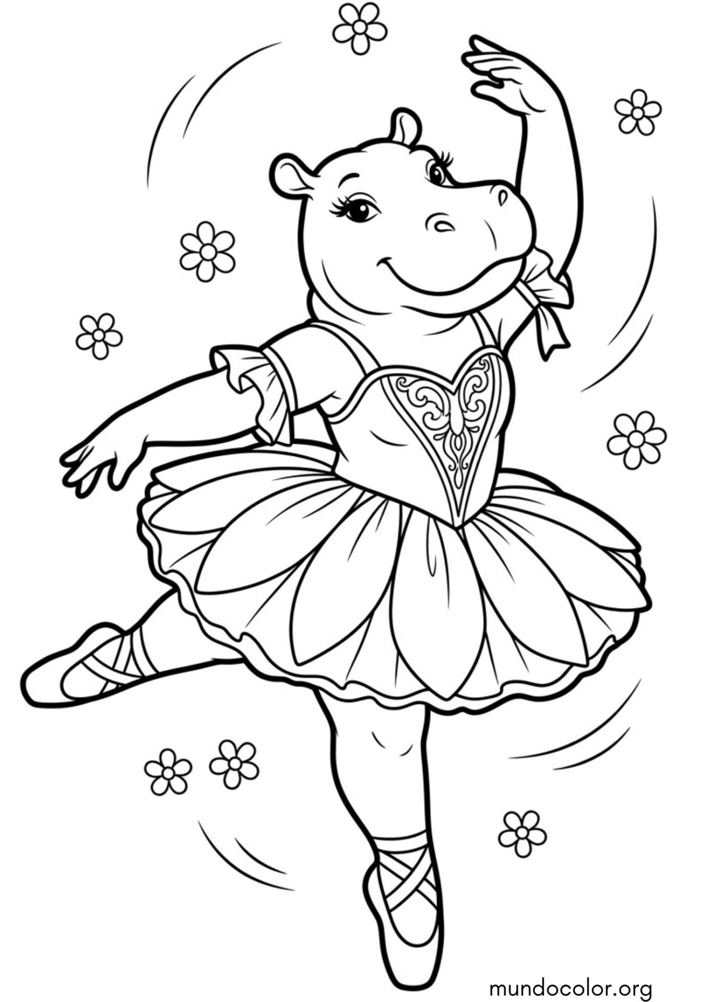 Dibujo de Hipopótamo bailarina con tutú rosa de ballet y zapatillas de danza para imprimir Dibujo de Hipopótamo bailarina con tutú rosa de ballet y zapatillas de danza para colorear