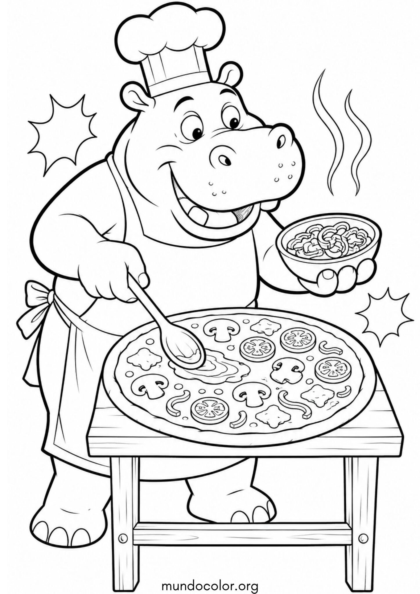 Dibujo de Hipopótamo chef cocinero con gorro blanco preparando una pizza para imprimir Dibujo de Hipopótamo chef cocinero con gorro blanco preparando una pizza para colorear