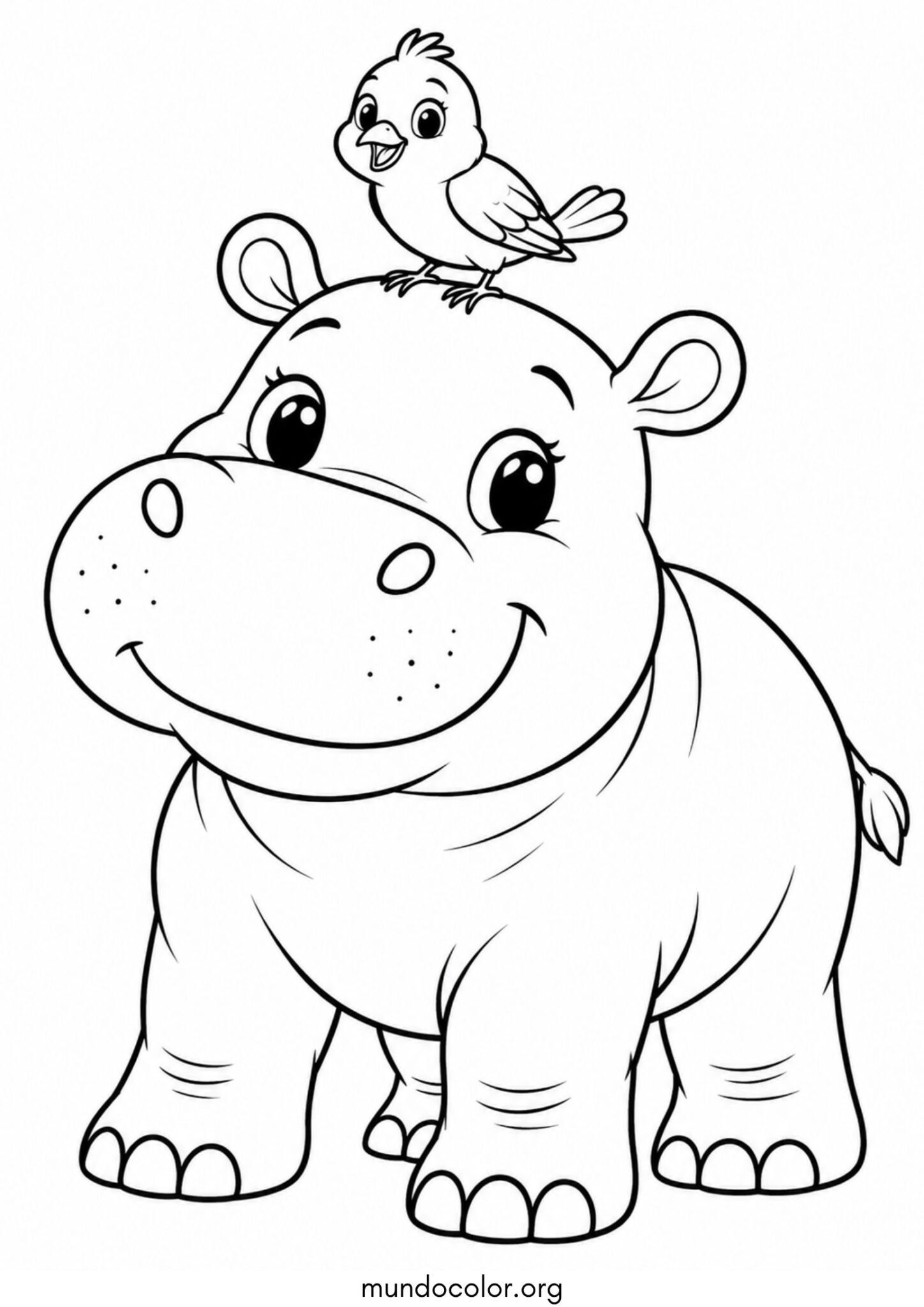 Dibujo de Hipopótamo con un pajarito en la cabeza para imprimir Dibujo de Hipopótamo con un pajarito en la cabeza para colorear