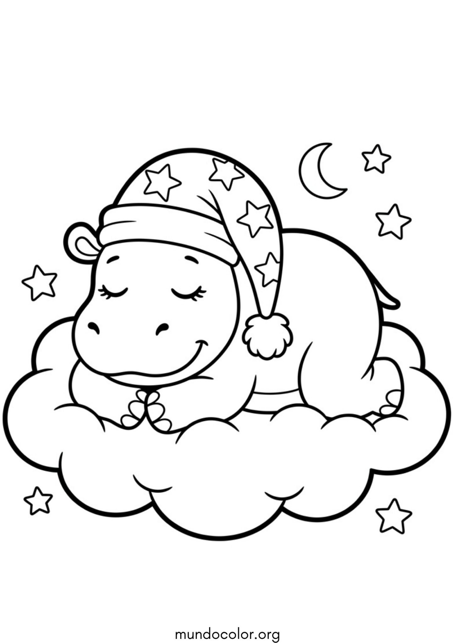 Dibujo de Hipopótamo durmiendo plácidamente sobre una nube con gorro de noche para imprimir Dibujo de Hipopótamo durmiendo plácidamente sobre una nube con gorro de noche para colorear