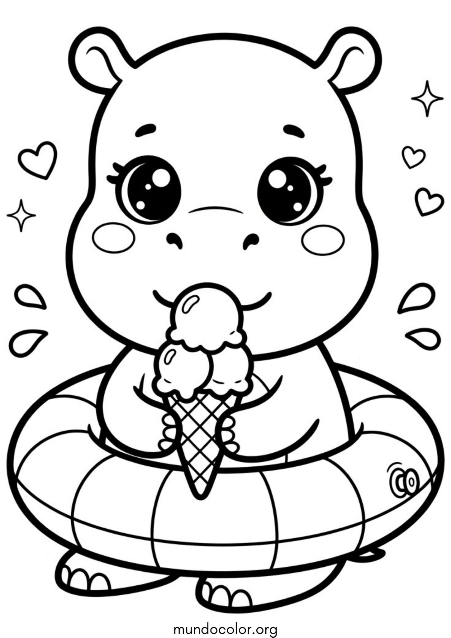 Dibujo de Hipopótamo kawaii con flotador comiendo un helado de tres bolas para imprimir Dibujo de Hipopótamo kawaii con flotador comiendo un helado de tres bolas para colorear