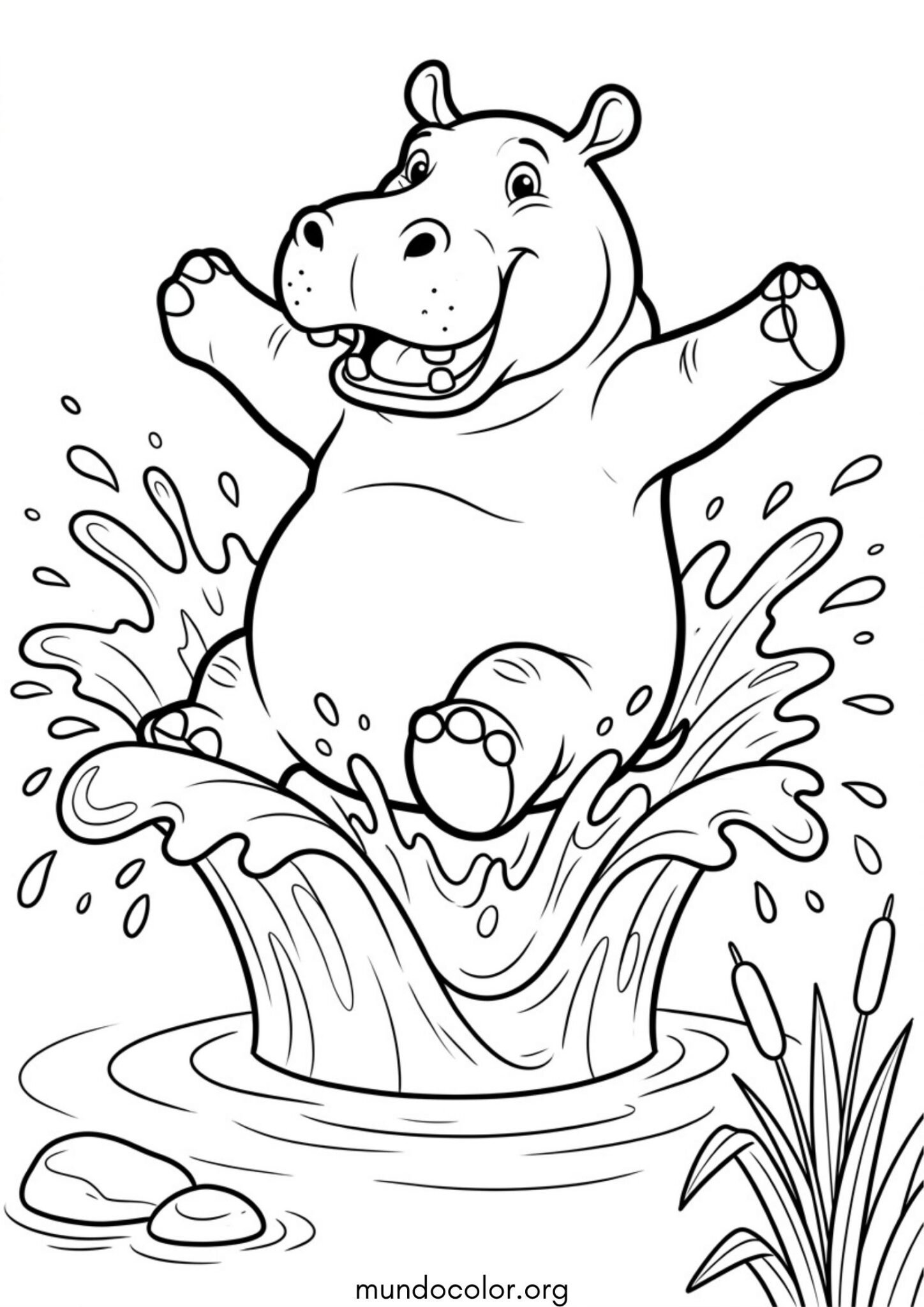 Dibujo de Hipopótamo tirándose al río haciendo un gran chapuzón de agua para colorear
