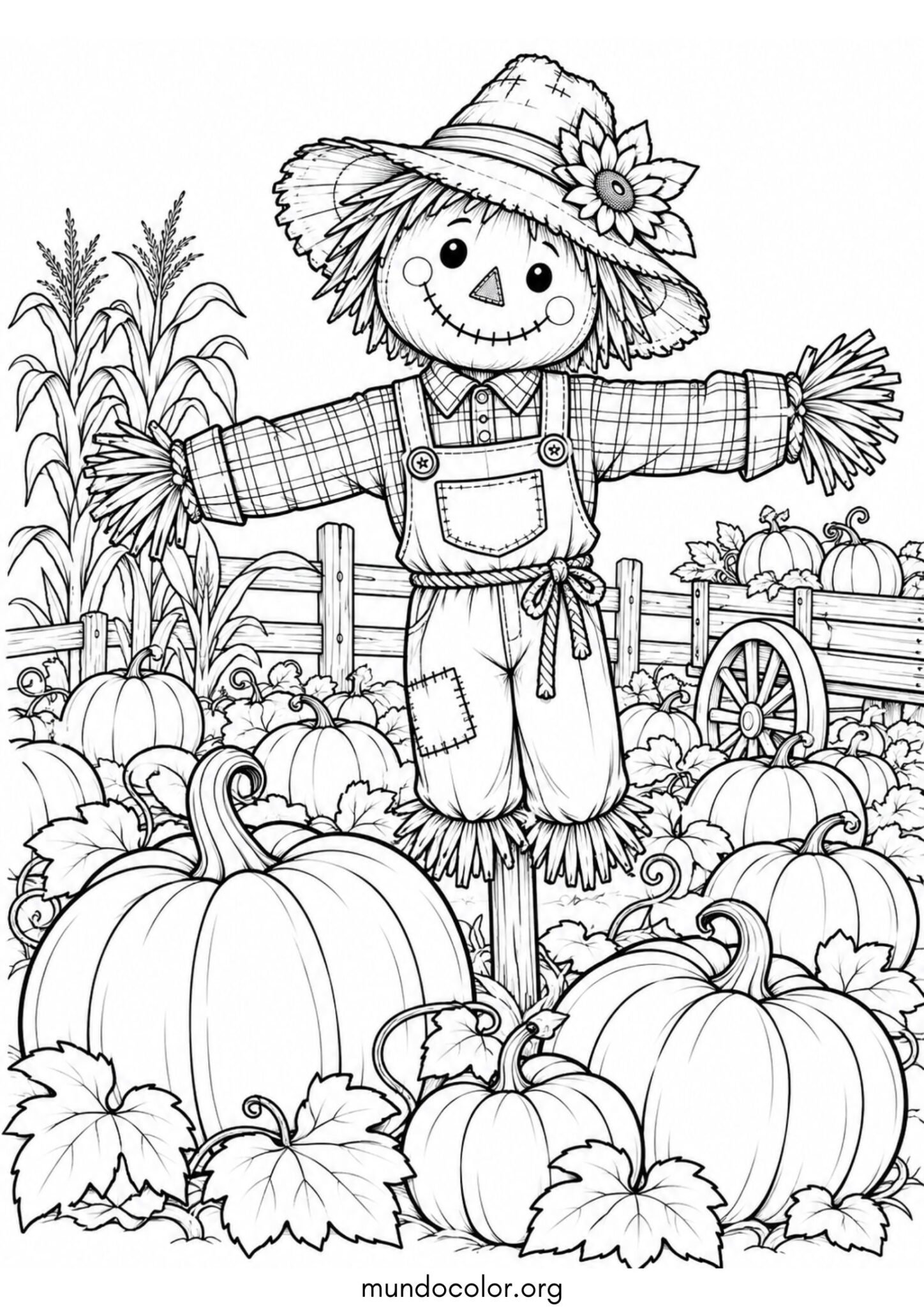 Huerto de calabazas en la granja con espantapájaros para imprimir y pintar Dibujo de Huerto de calabazas en la granja con espantapájaros para colorear