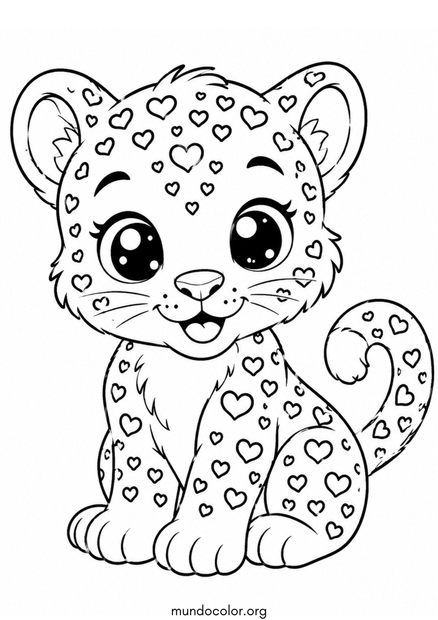 Dibujo de Leopardo bebé tierno con manchas de corazón estilo kawaii para imprimir Dibujo de Leopardo bebé tierno con manchas de corazón estilo kawaii para colorear