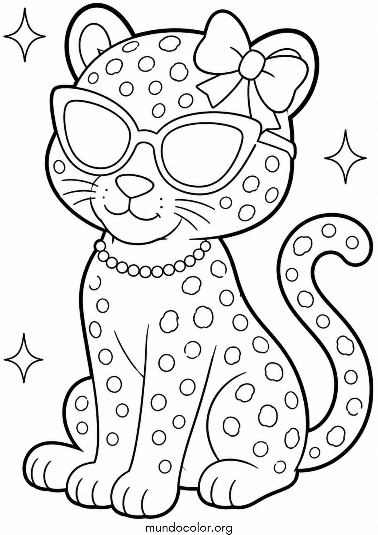 Dibujo de Leopardo con gafas de sol elegantes y lazo rosa en la oreja para imprimir Dibujo de Leopardo con gafas de sol elegantes y lazo rosa en la oreja para colorear