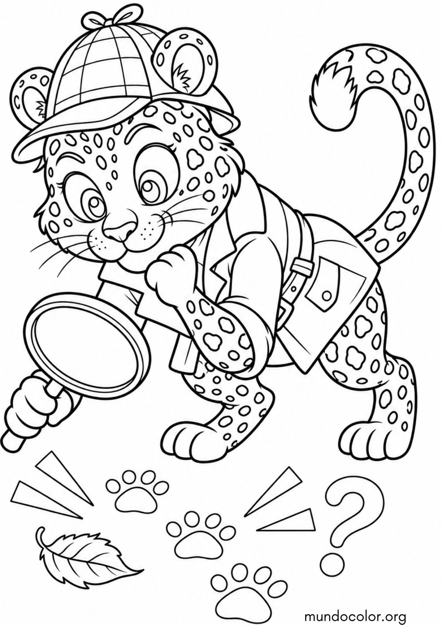 Dibujo de Leopardo detective con lupa y sombrero buscando huellas para colorear