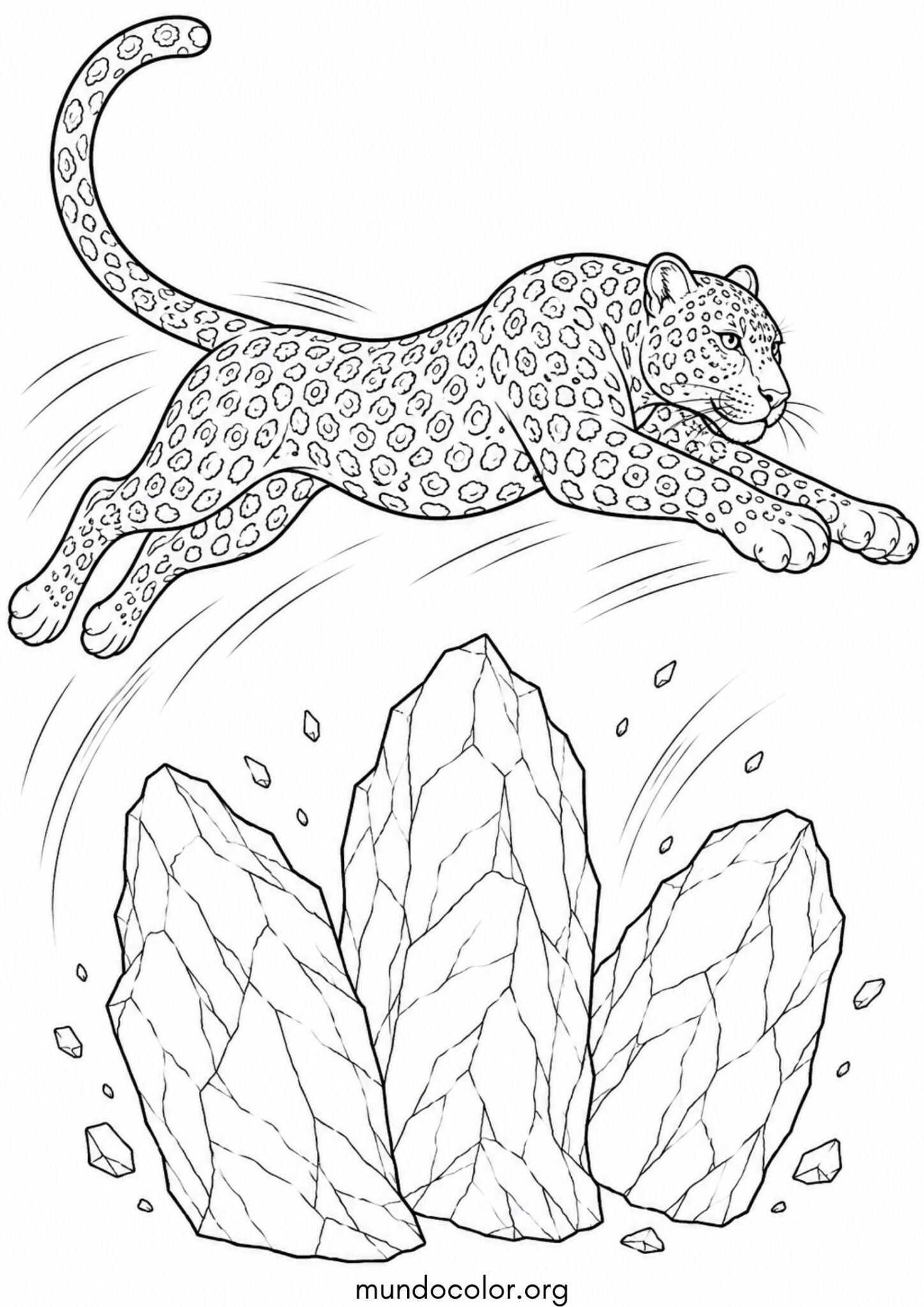 Dibujo de Leopardo ágil saltando sobre unas rocas en pleno movimiento para imprimir Dibujo de Leopardo ágil saltando sobre unas rocas en pleno movimiento para colorear