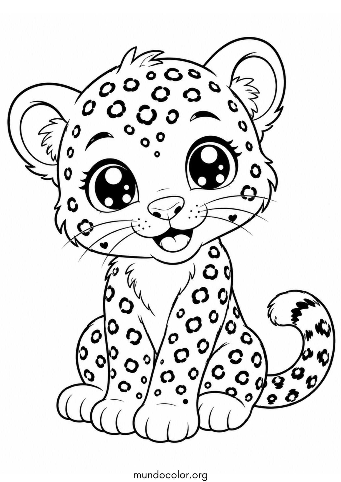 Dibujo de Leopardo kawaii sonriente sentado con grandes ojos brillantes para imprimir Dibujo de Leopardo kawaii sonriente sentado con grandes ojos brillantes para colorear