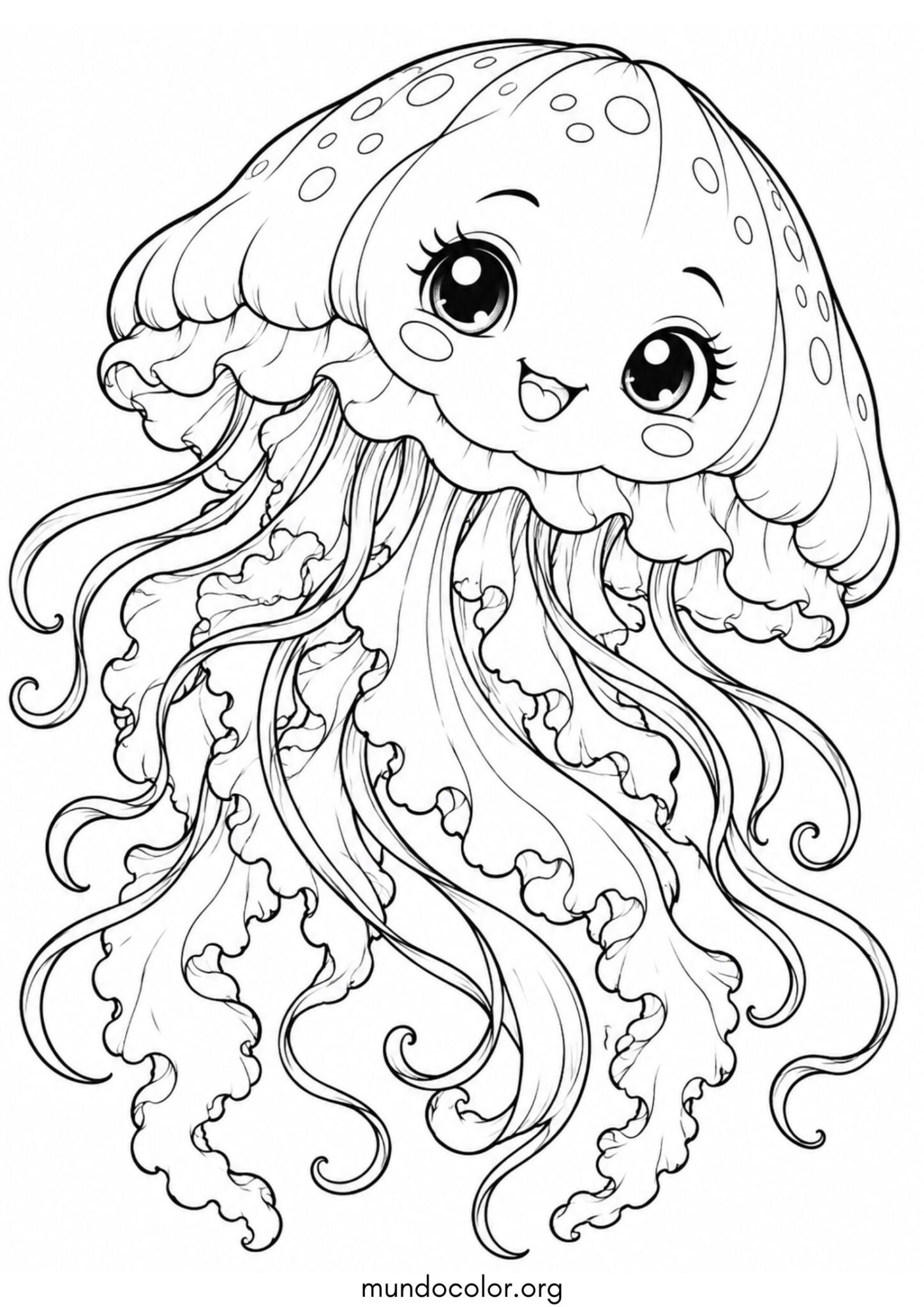 Dibujo de Linda medusa sonriente estilo kawaii para colorear