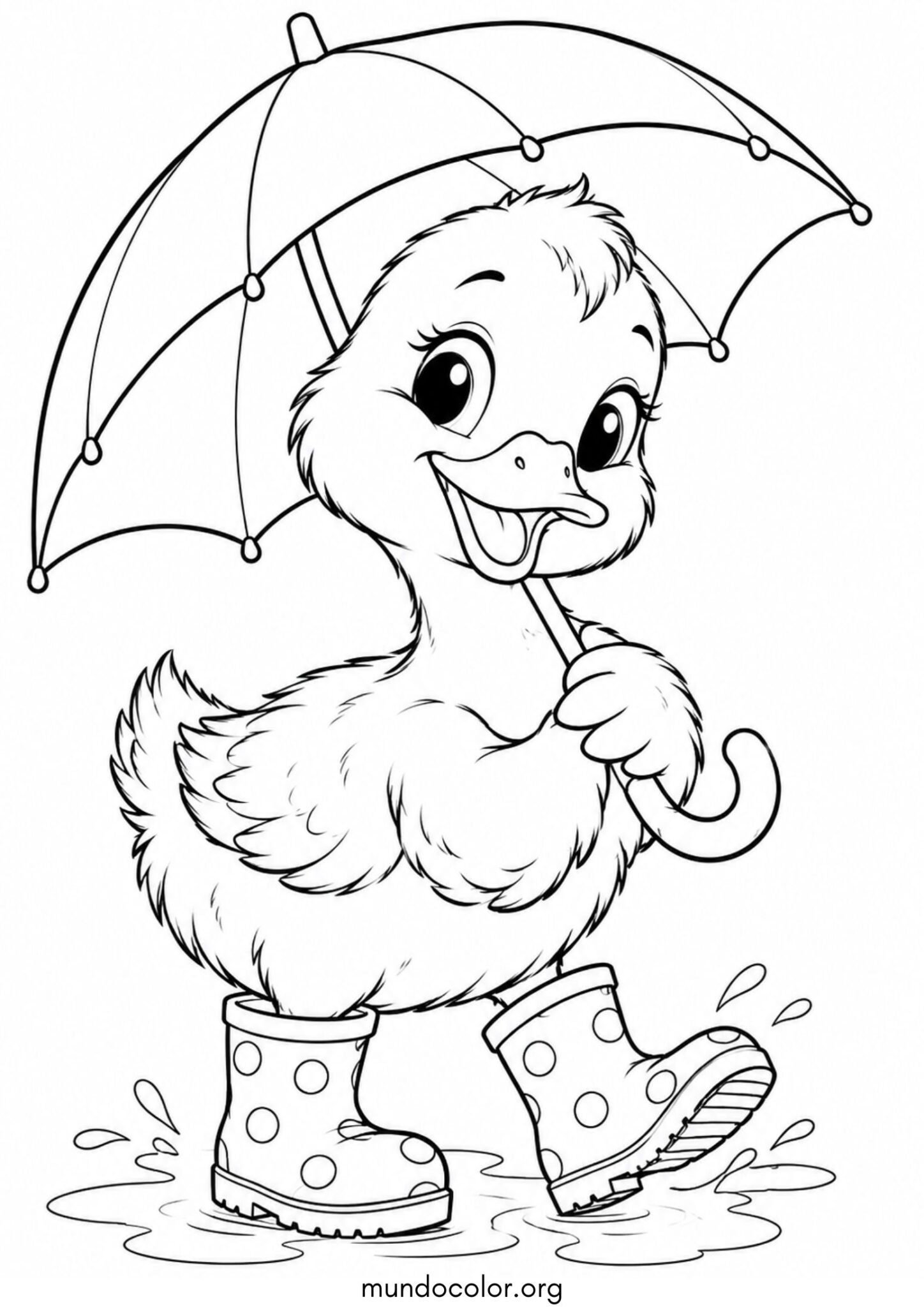 Dibujo de Lindo patito con botas de lluvia y paraguas para colorear
