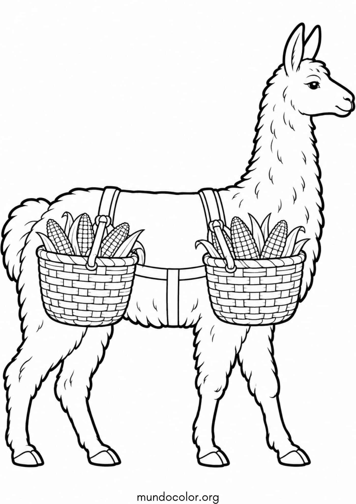Dibujo de Llama cargando cestas de mimbre con maíz para imprimir Dibujo de Llama cargando cestas de mimbre con maíz para colorear