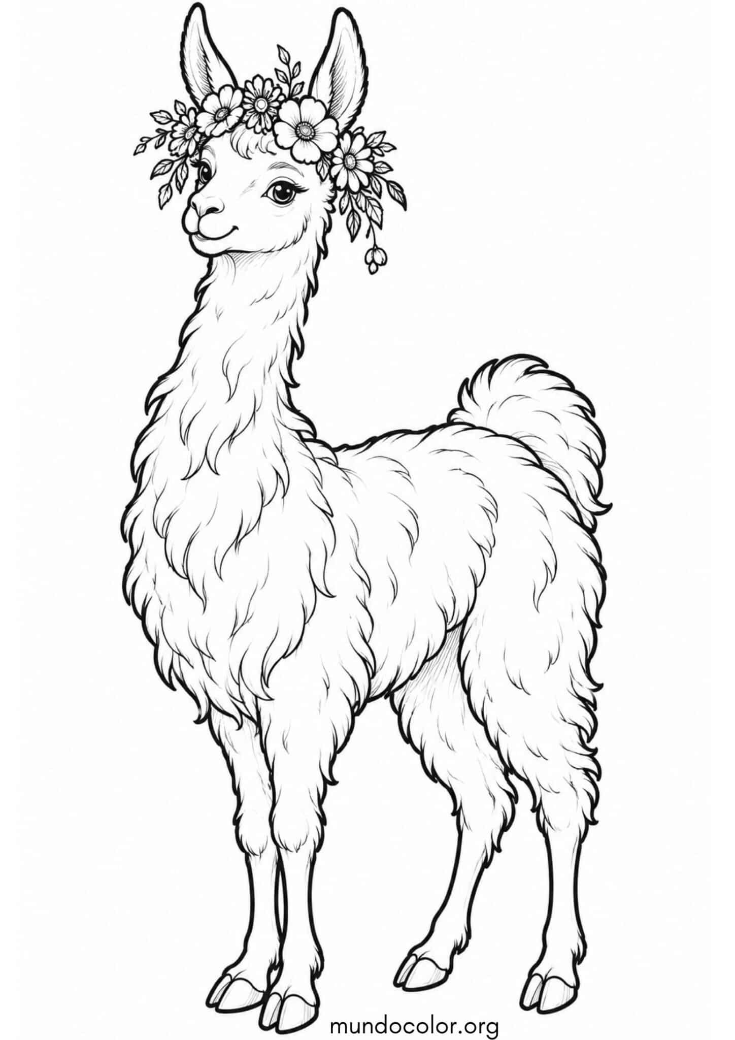 Dibujo de Llama con corona de flores silvestres en la cabeza para imprimir Dibujo de Llama con corona de flores silvestres en la cabeza para colorear