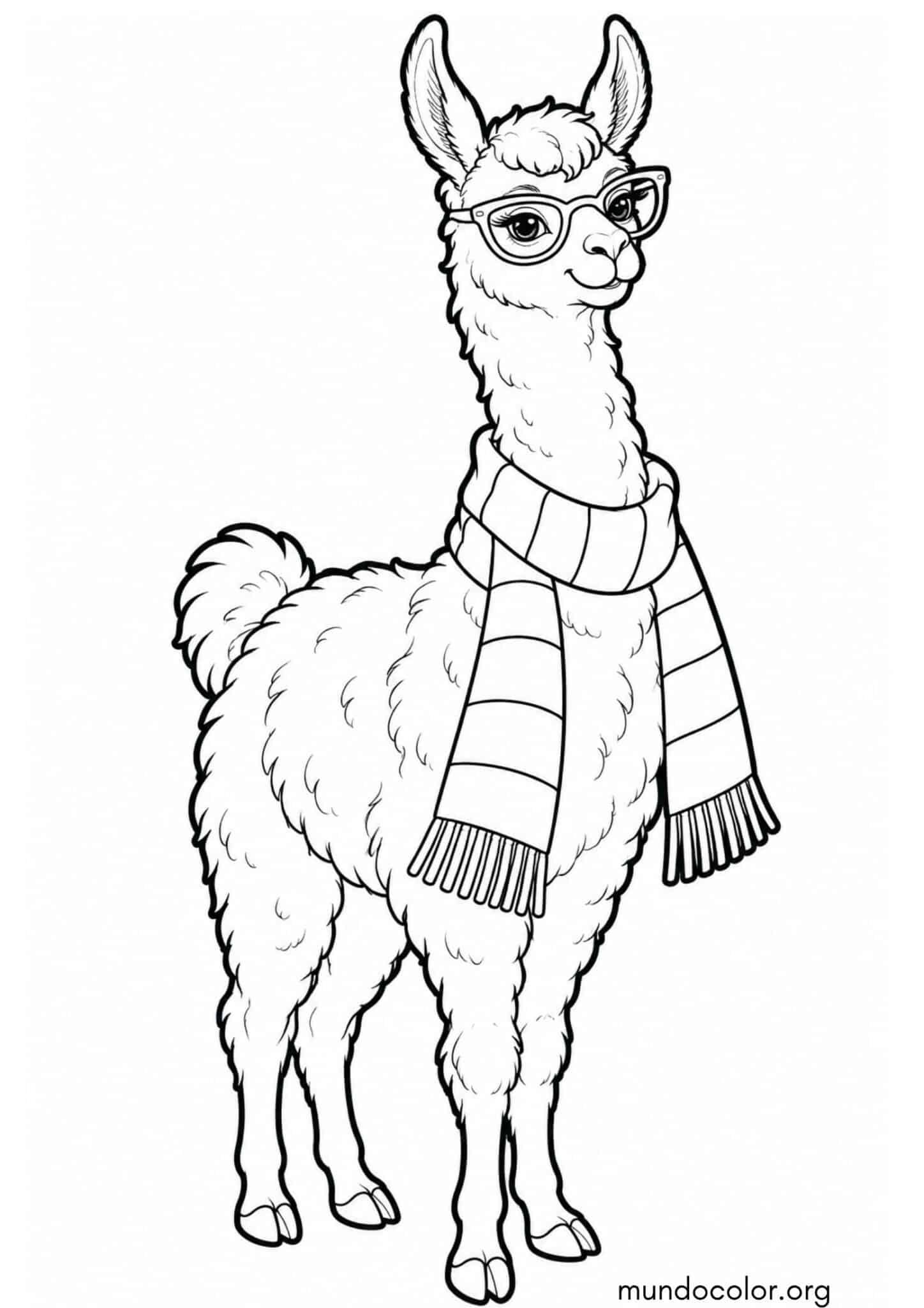 Dibujo de Llama con gafas de sol y bufanda a rayas para imprimir Dibujo de Llama con gafas de sol y bufanda a rayas para colorear