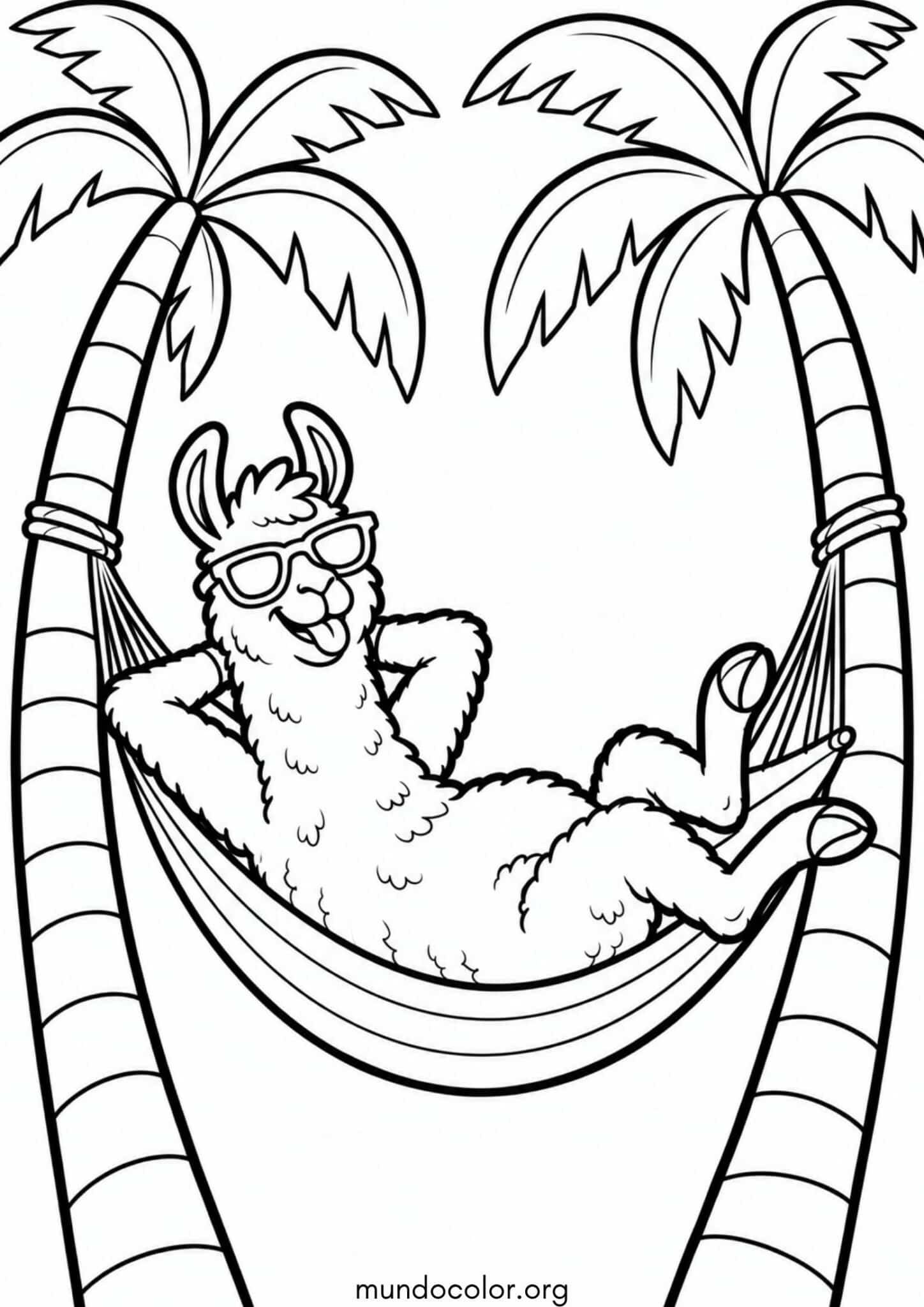 Dibujo de Llama descansando en una hamaca entre dos palmeras para imprimir Dibujo de Llama descansando en una hamaca entre dos palmeras para colorear