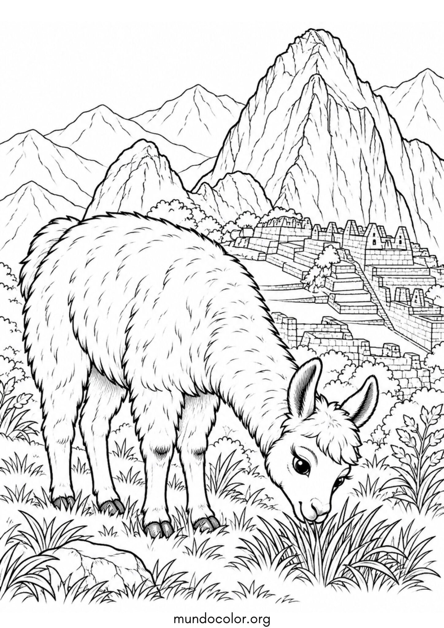Dibujo de Llama pastando pacíficamente en las montañas de los Andes con Machu Picchu de fondo para imprimir Dibujo de Llama pastando pacíficamente en las montañas de los Andes con Machu Picchu de fondo para colorear
