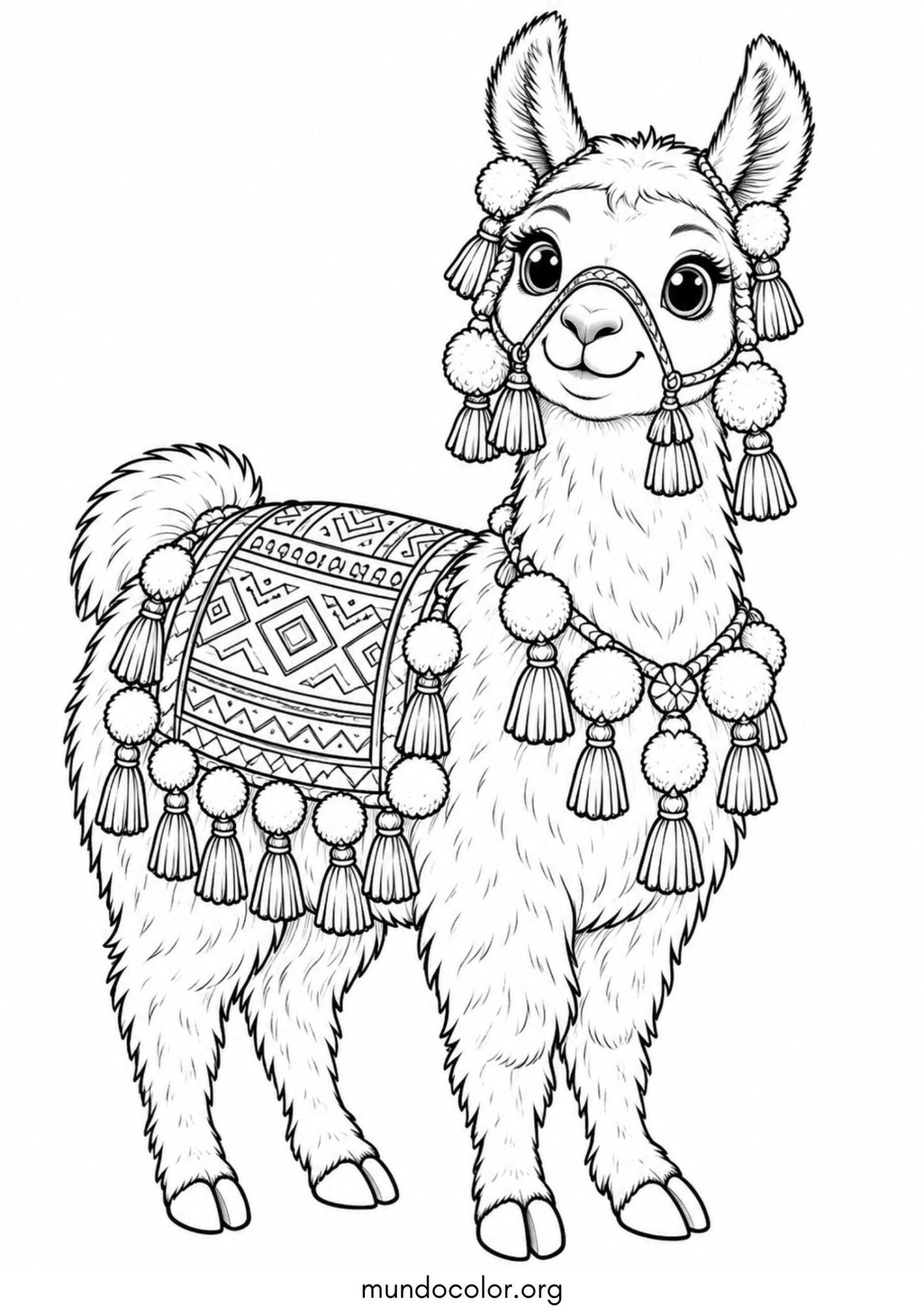 Dibujo de Llama peruana decorada con manta andina tradicional, borlas y pompones de colores para imprimir Dibujo de Llama peruana decorada con manta andina tradicional, borlas y pompones de colores para colorear