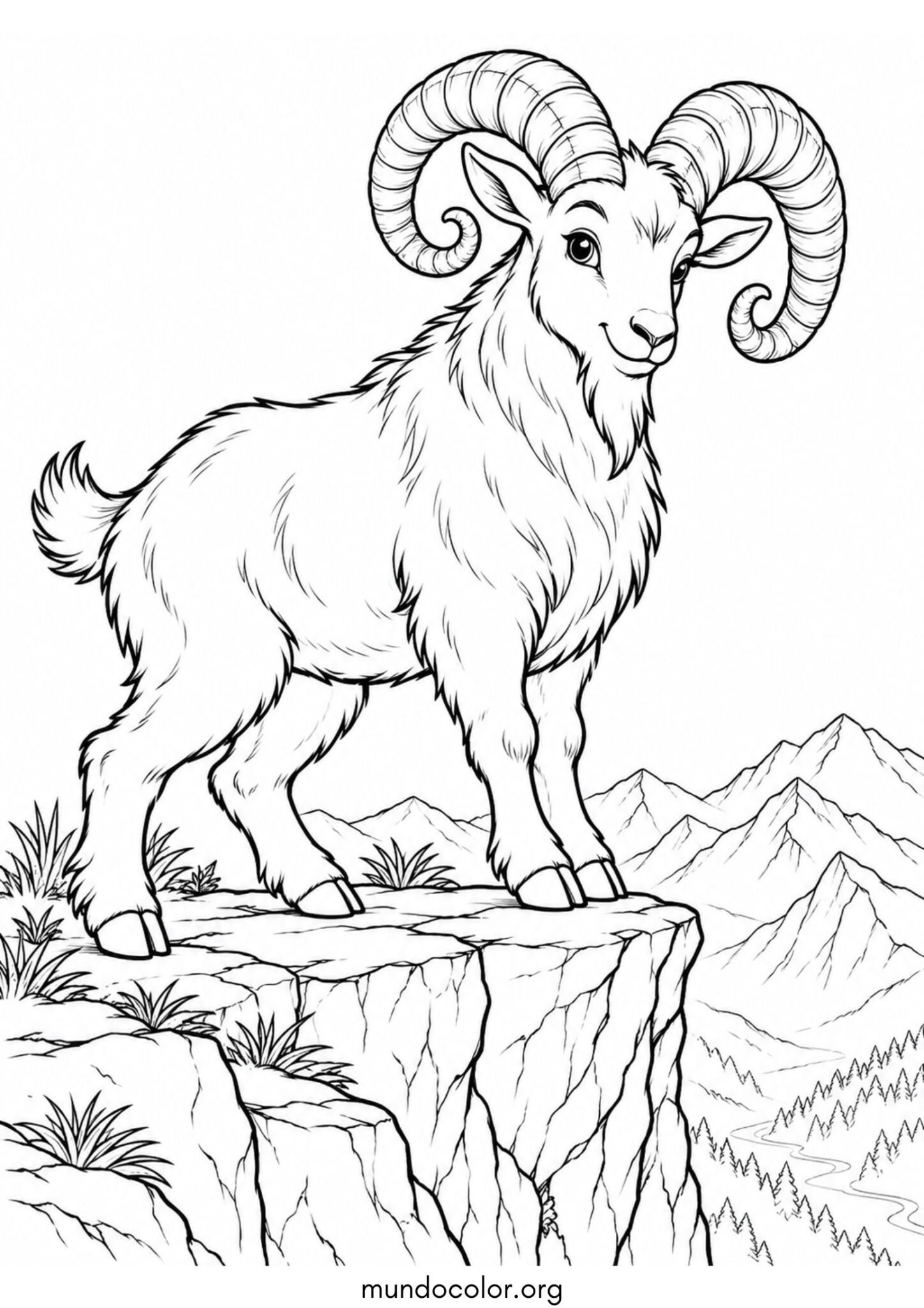 Dibujo de Macho cabrío con cuernos curvados sobre el acantilado para colorear