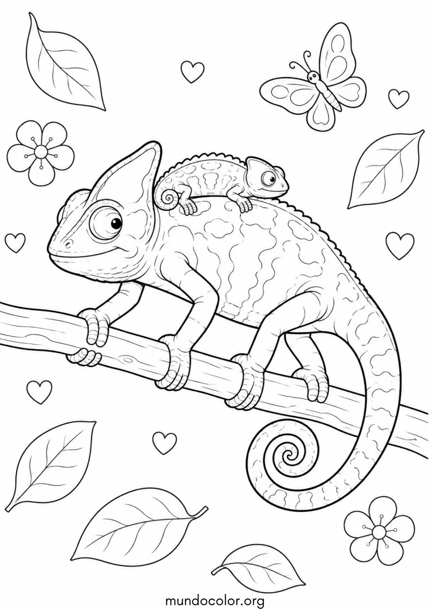 Dibujo de Mamá camaleón con su pequeño bebé sobre la espalda para imprimir Dibujo de Mamá camaleón con su pequeño bebé sobre la espalda para colorear