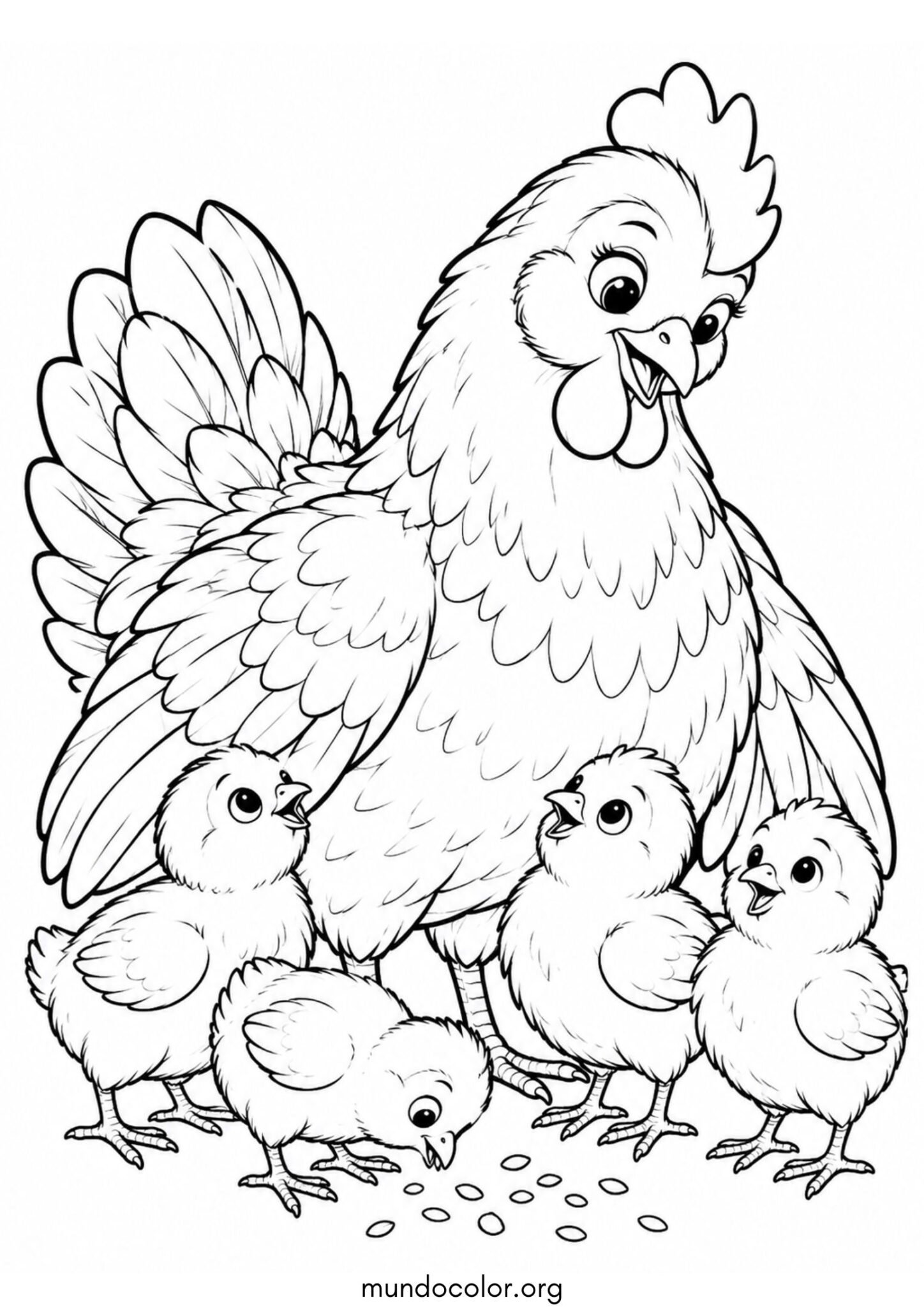 Dibujo de Mamá gallina con sus pollitos para colorear