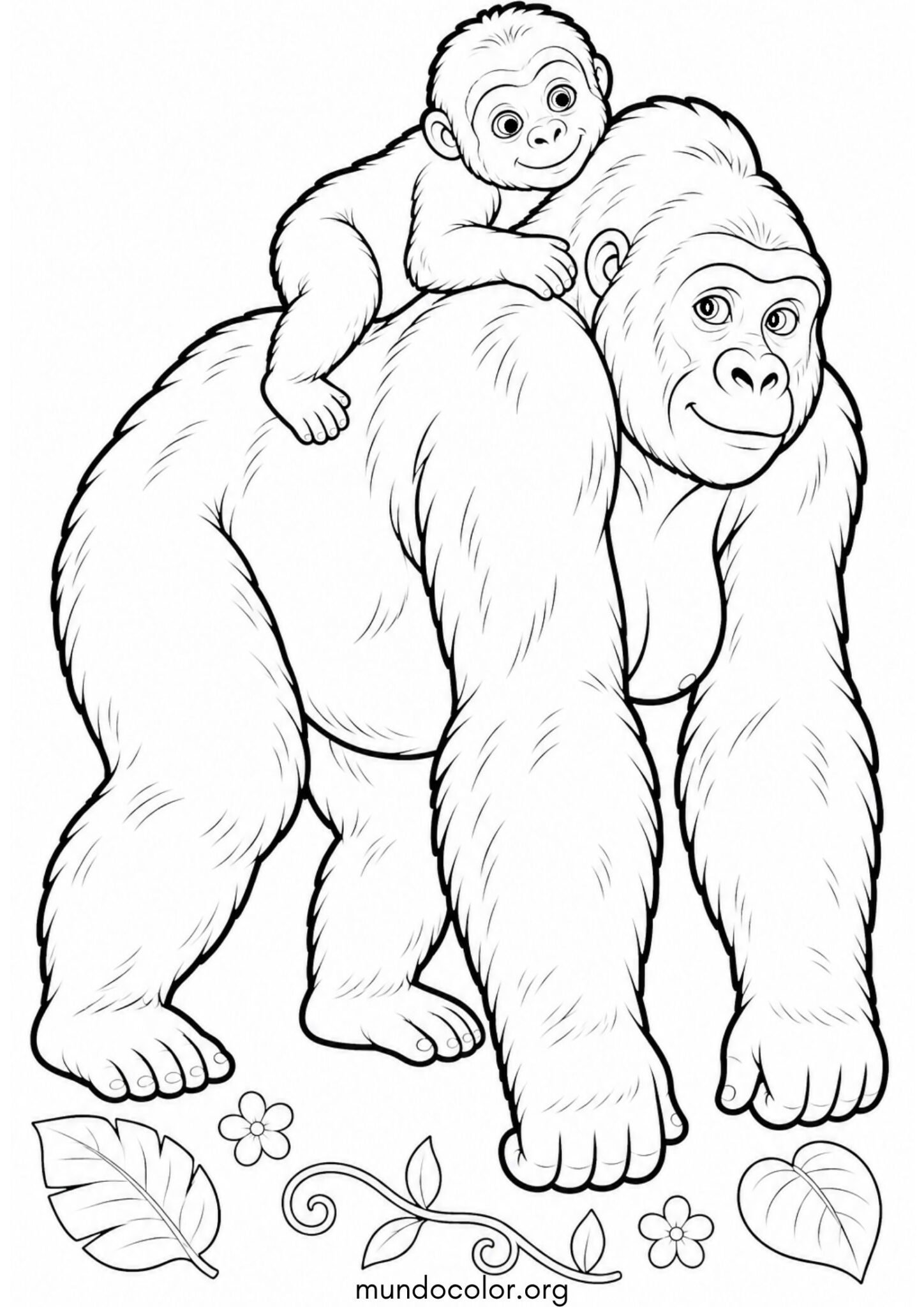 Dibujo de Mamá gorila llevando a su pequeño bebé sobre la espalda para imprimir Dibujo de Mamá gorila llevando a su pequeño bebé sobre la espalda para colorear