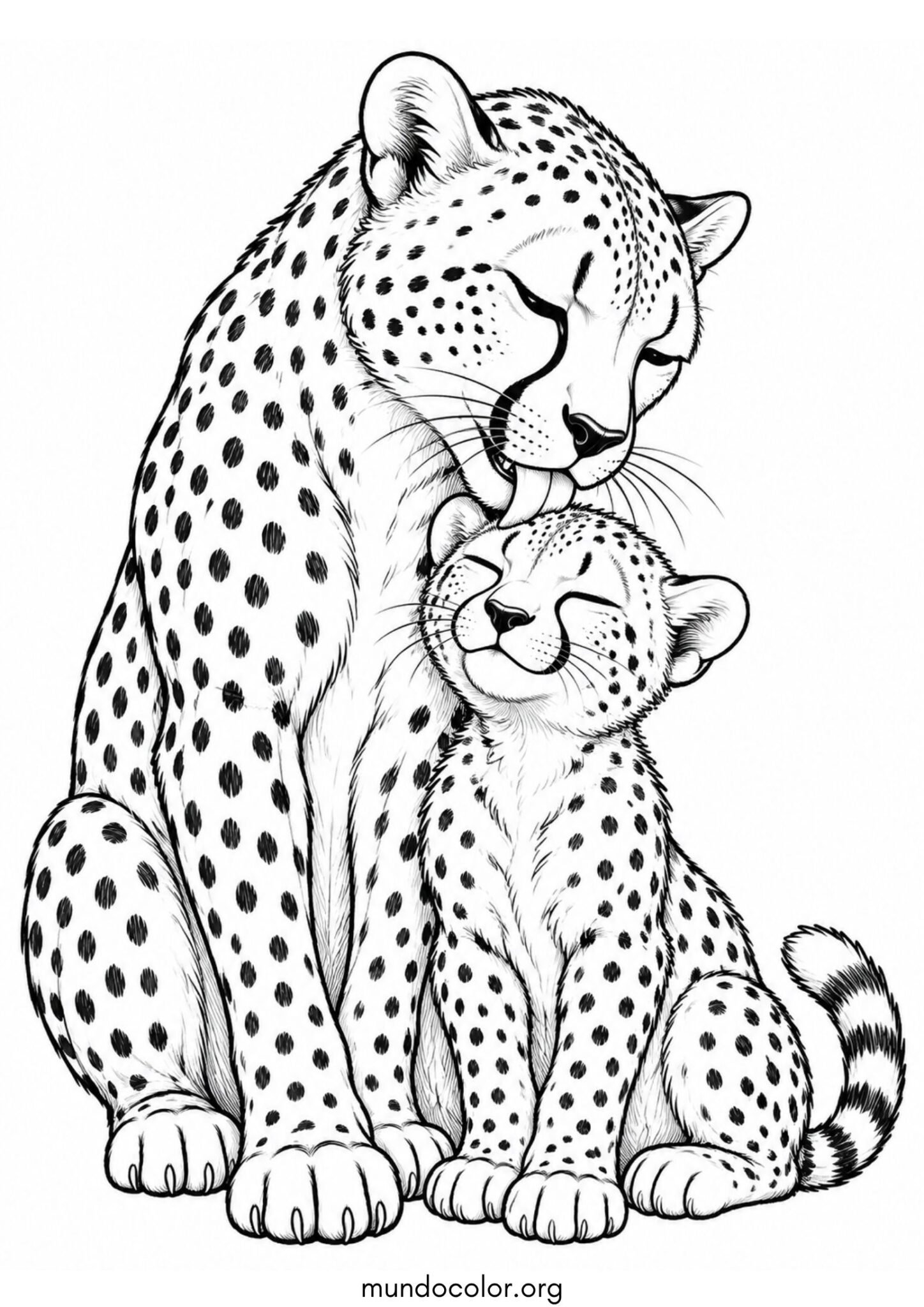 Dibujo de Mamá guepardo lamiendo con cariño la cabeza de su cachorro para colorear