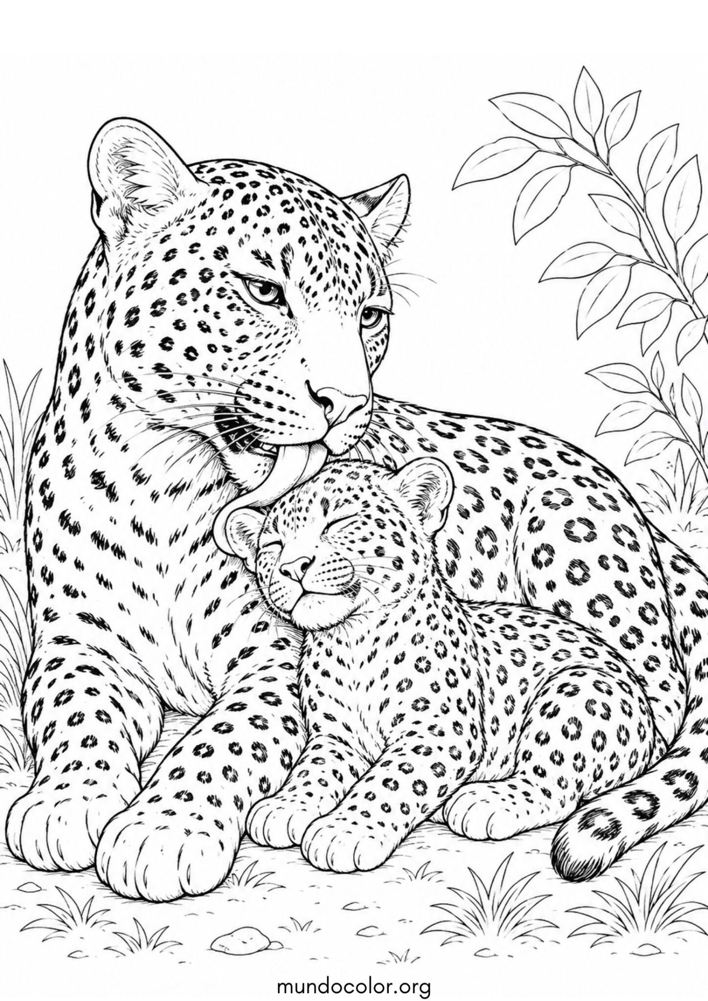 Dibujo de Mamá leopardo lamiendo y cuidando con cariño a su cachorro para colorear