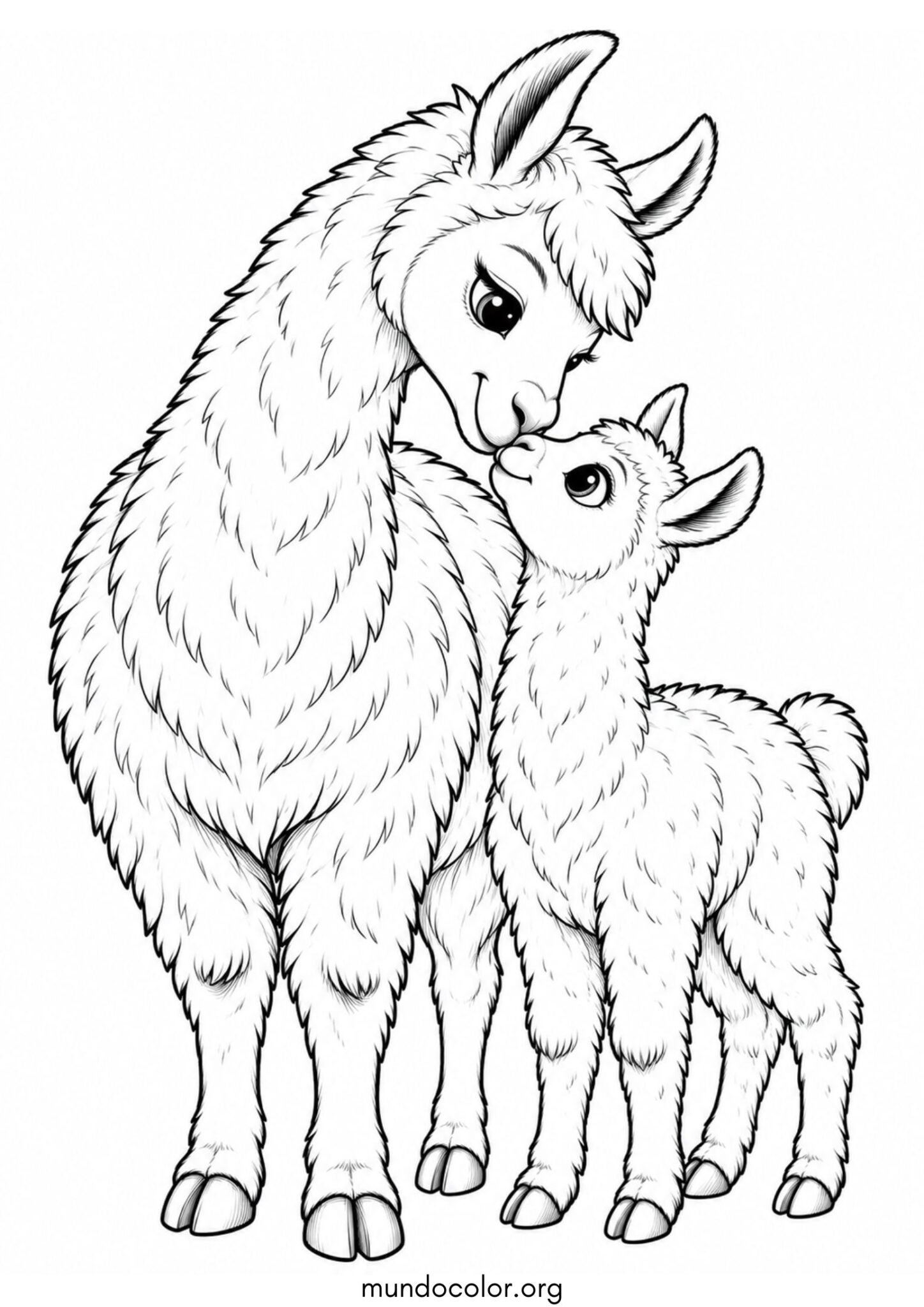 Dibujo de Mamá llama frotando la nariz con su pequeña cría con mucho cariño para imprimir Dibujo de Mamá llama frotando la nariz con su pequeña cría con mucho cariño para colorear