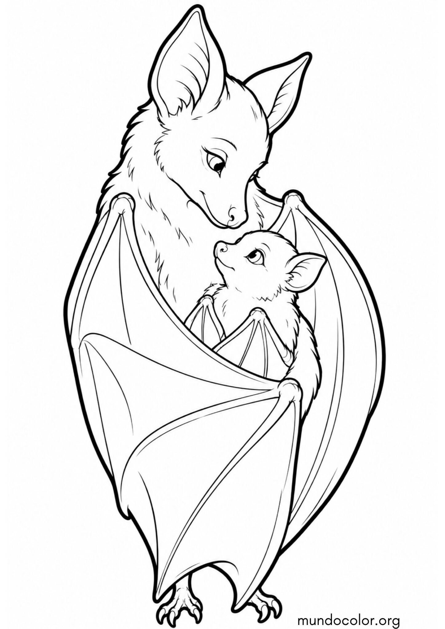 Dibujo de Mamá murciélago abrazando a su cría con las alas para imprimir Dibujo de Mamá murciélago abrazando a su cría con las alas para colorear