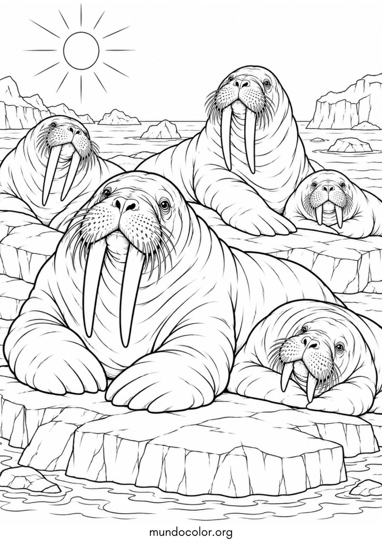 Dibujo de Manada de morsas tomando el sol sobre las rocas polares para colorear