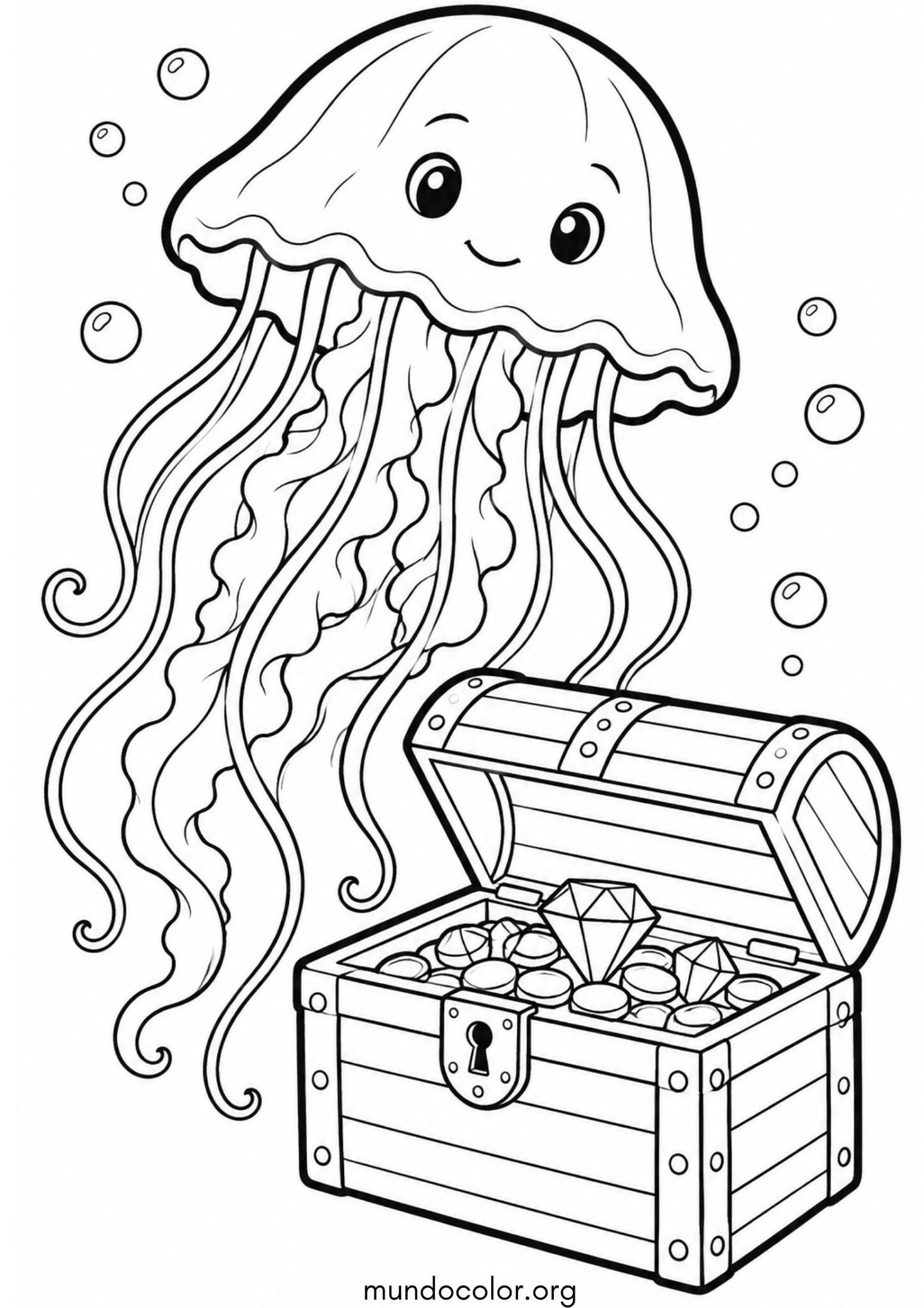 Dibujo de Medusa custodiando un cofre del tesoro pirata para colorear
