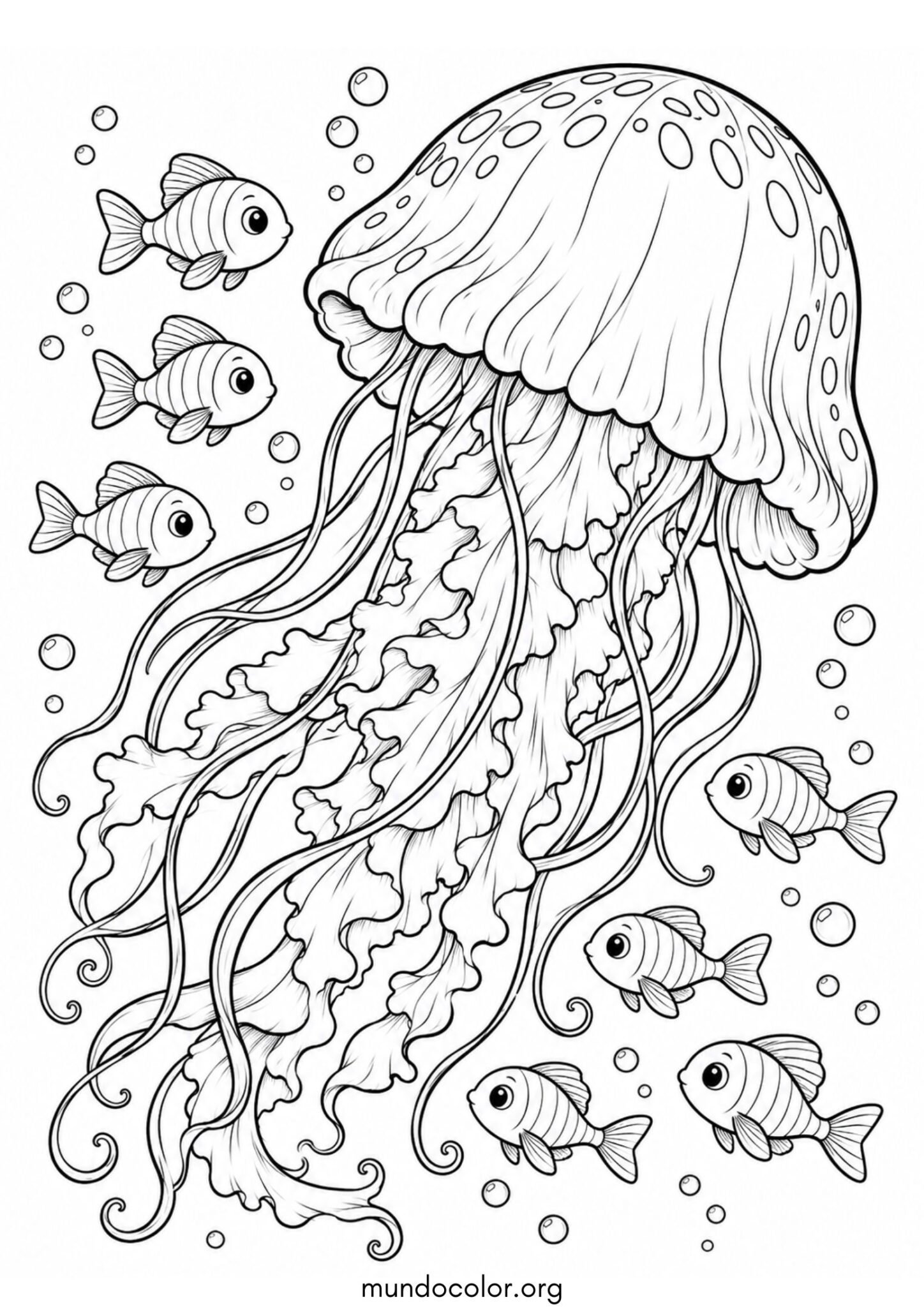 Dibujo de Medusa flotando pacíficamente junto a un banco de peces pequeños para colorear