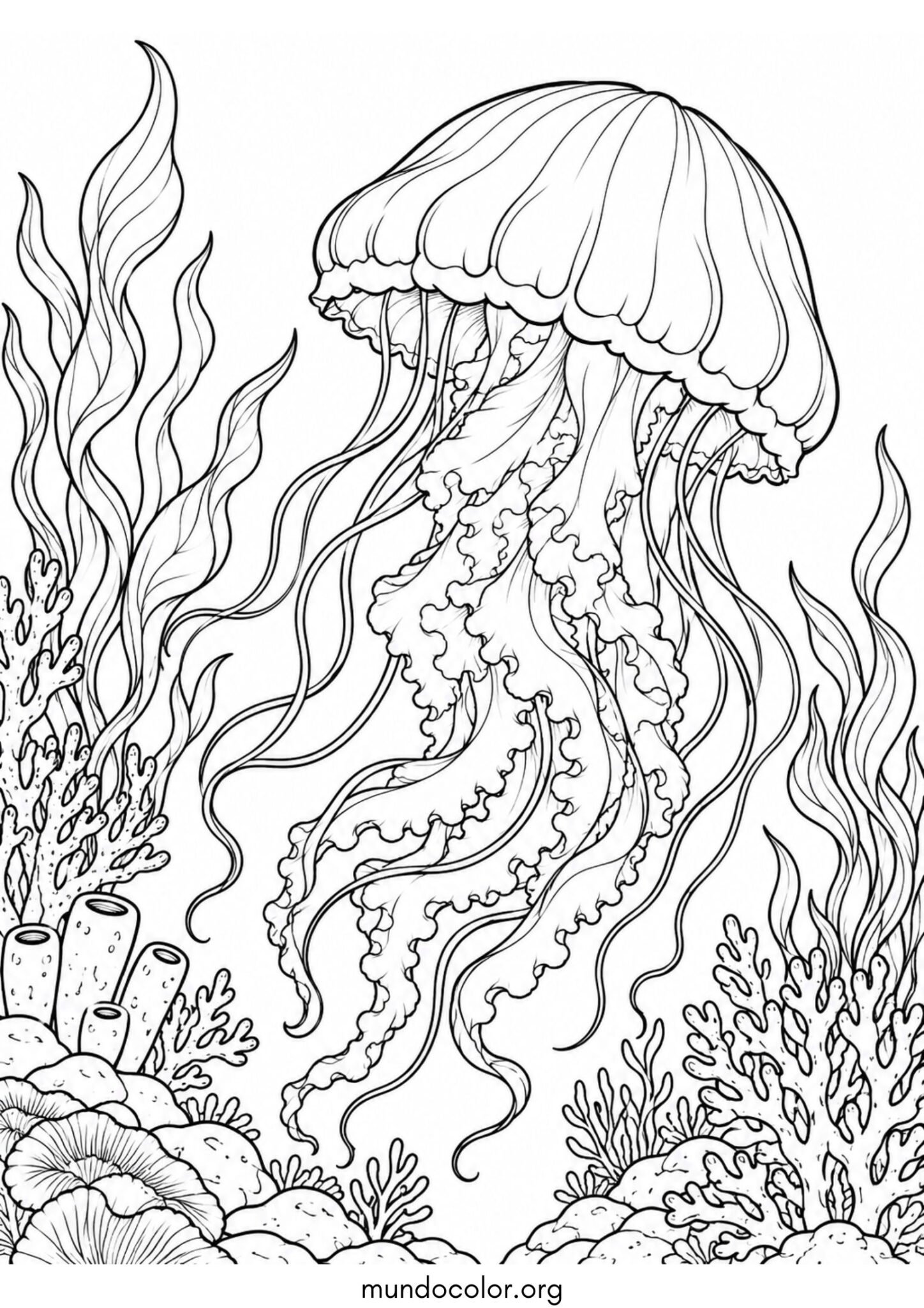 Dibujo de Medusa nadando rodeada de algas y corales para colorear