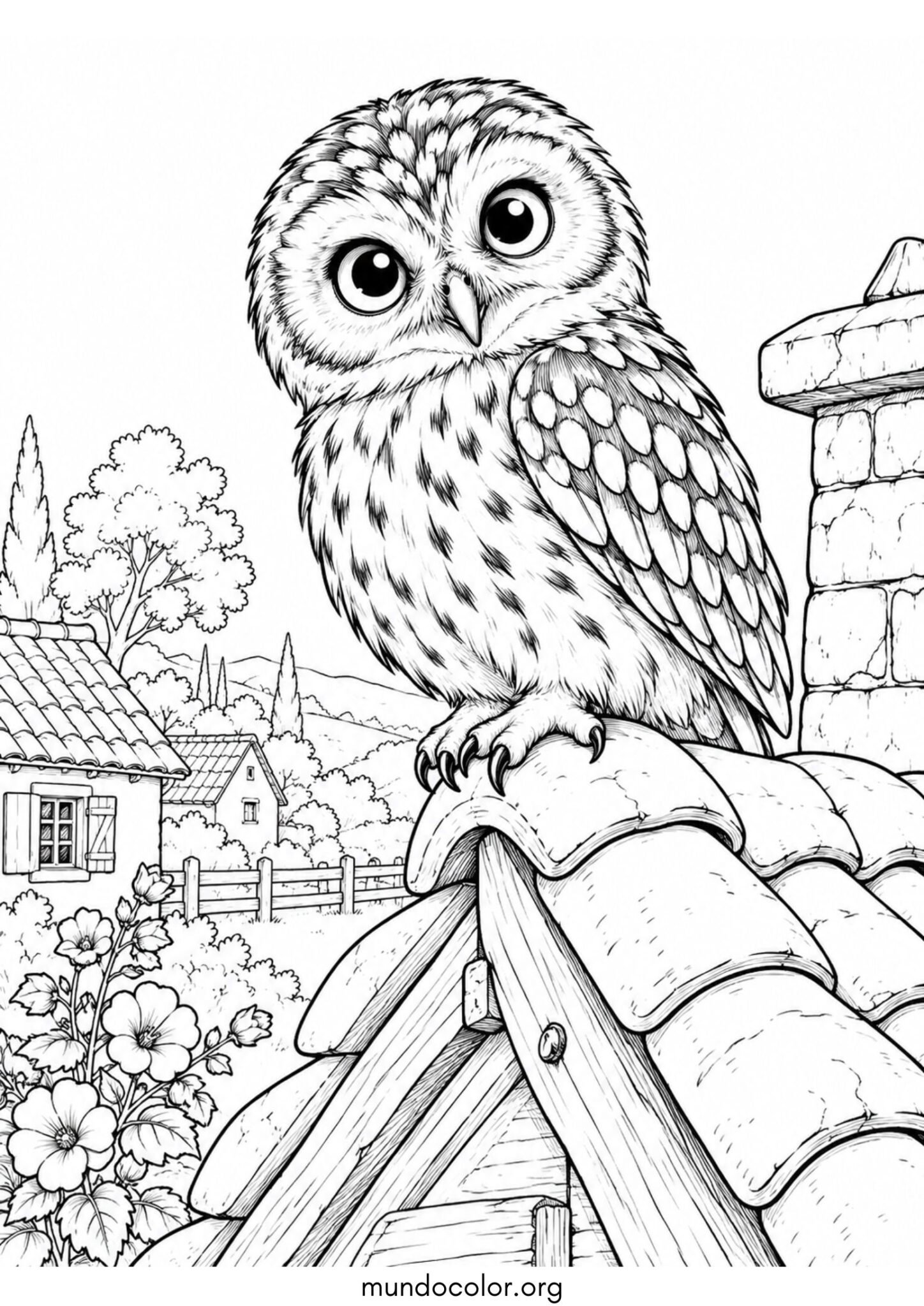 Dibujo de Mochuelo pequeño posado en el tejado de una casa de campo rústica para colorear