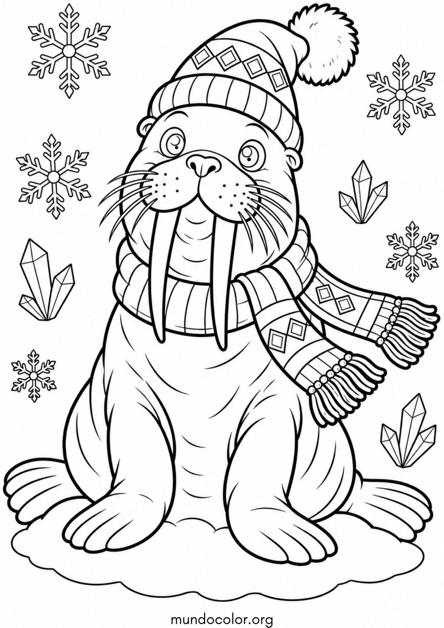 Dibujo de Morsa con gorrito de lana y bufanda abrigada en el polo norte para colorear