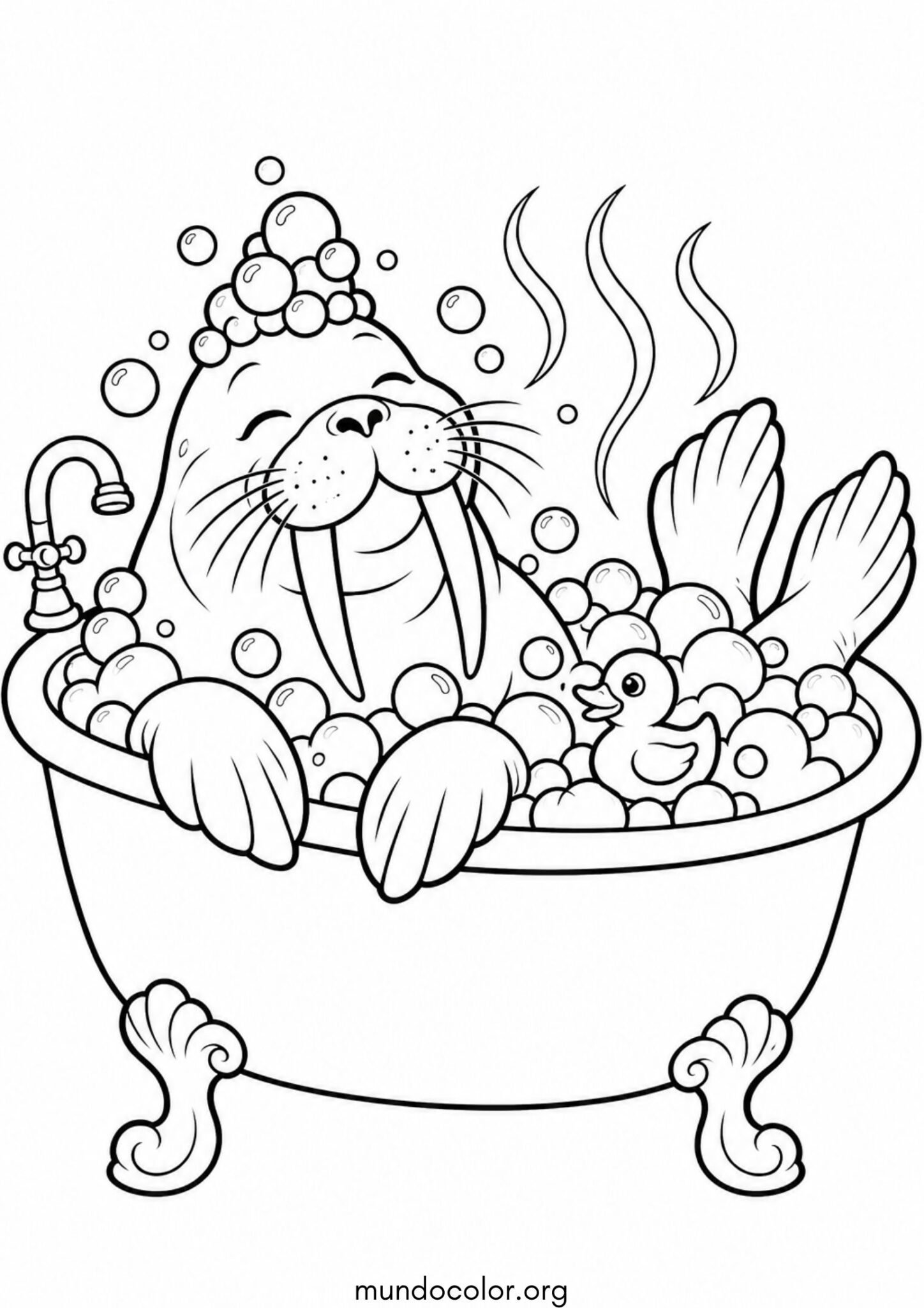 Dibujo de Morsa dándose un baño tibio de espuma en una bañera con patito de goma para imprimir Dibujo de Morsa dándose un baño tibio de espuma en una bañera con patito de goma para colorear