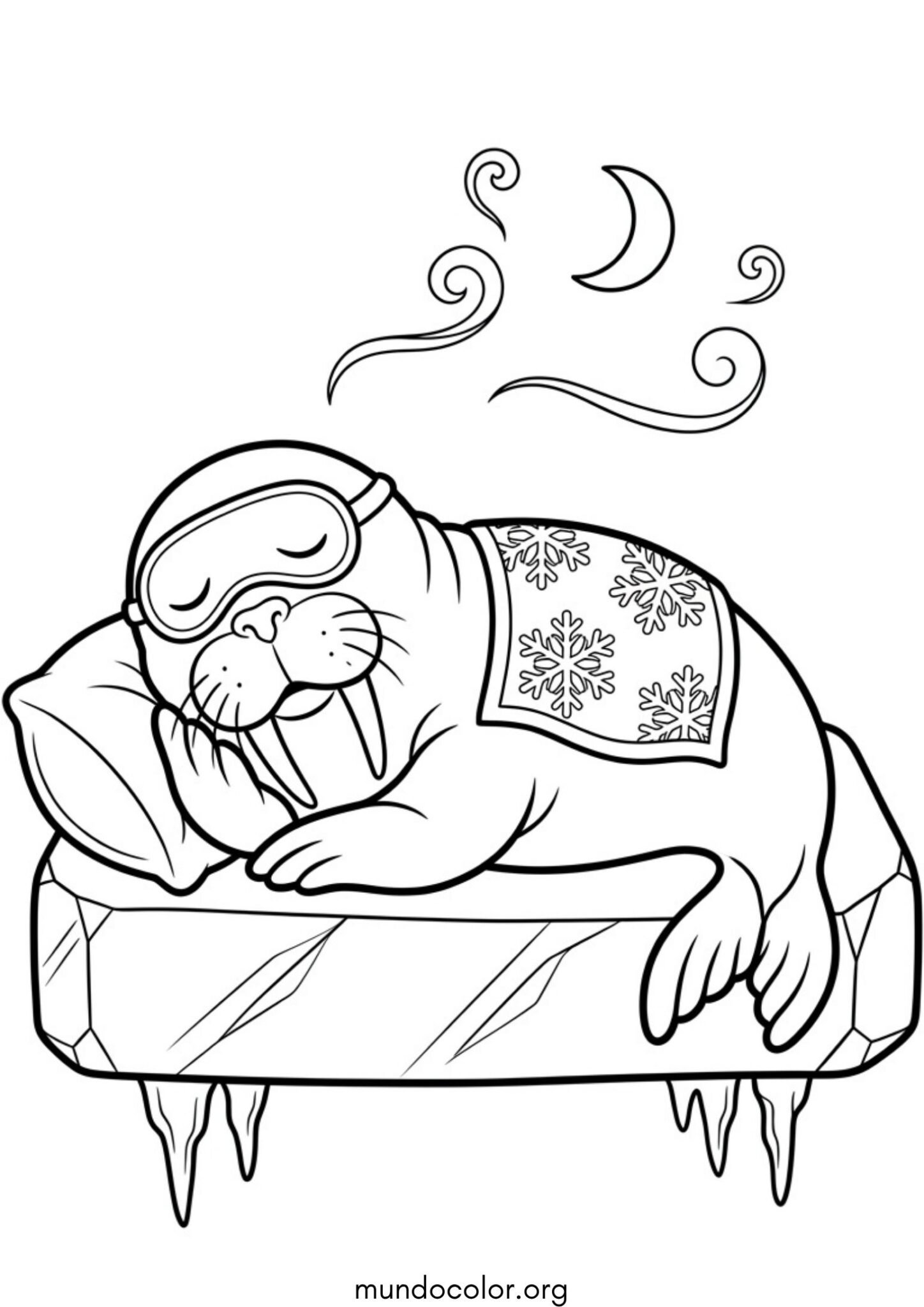 Dibujo de Morsa durmiendo profundamente en una cama de hielo con antifaz para dormir para imprimir Dibujo de Morsa durmiendo profundamente en una cama de hielo con antifaz para dormir para colorear