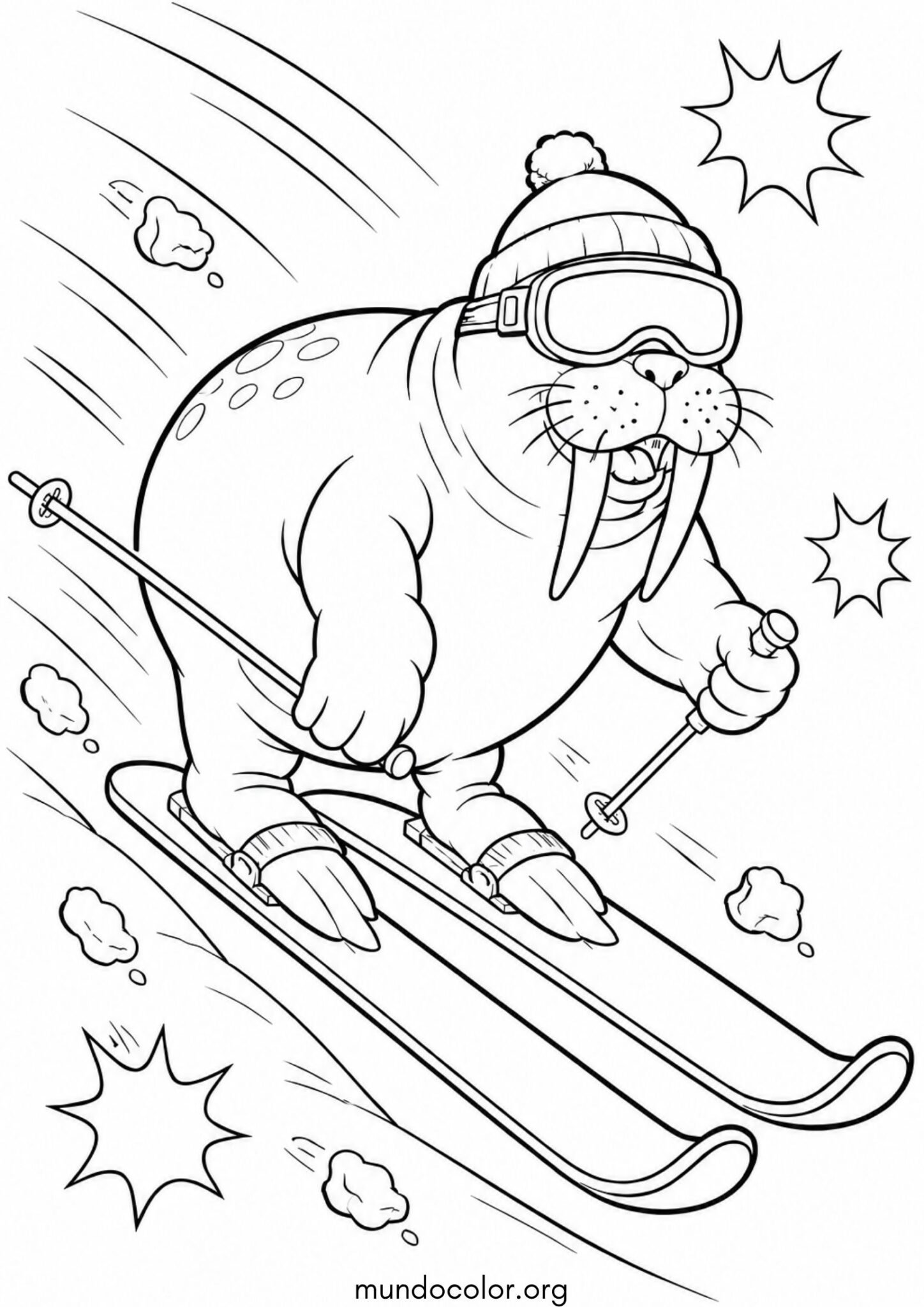 Dibujo de Morsa esquiando por una colina nevada con bastones y gafas para imprimir Dibujo de Morsa esquiando por una colina nevada con bastones y gafas para colorear