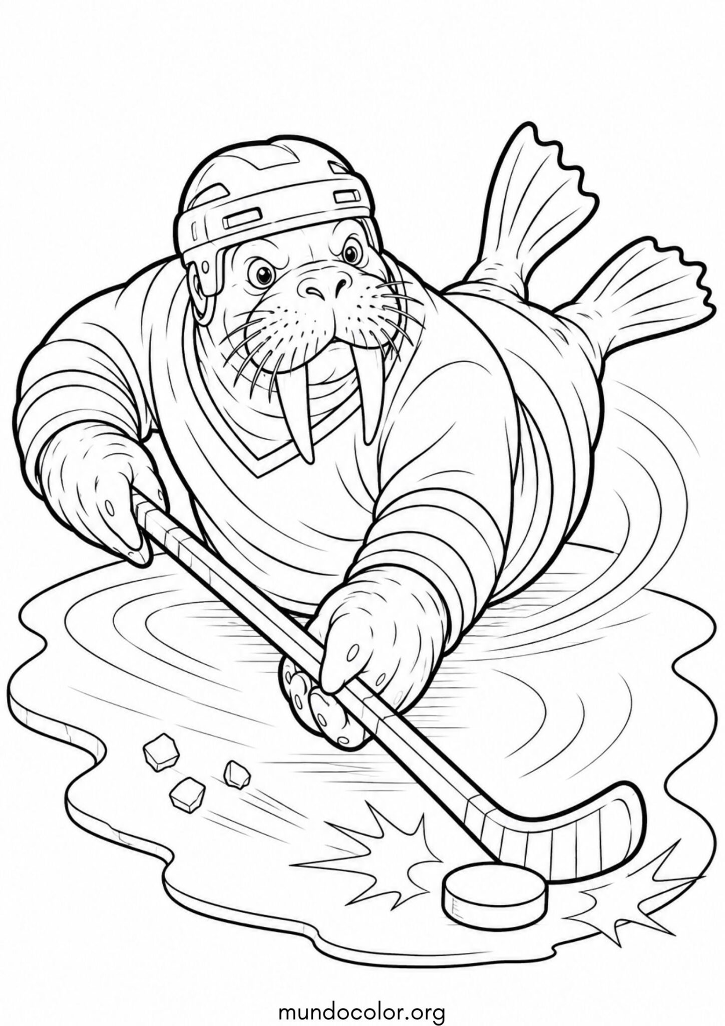 Dibujo de Morsa jugando al hockey sobre hielo con un disco y palo para imprimir Dibujo de Morsa jugando al hockey sobre hielo con un disco y palo para colorear