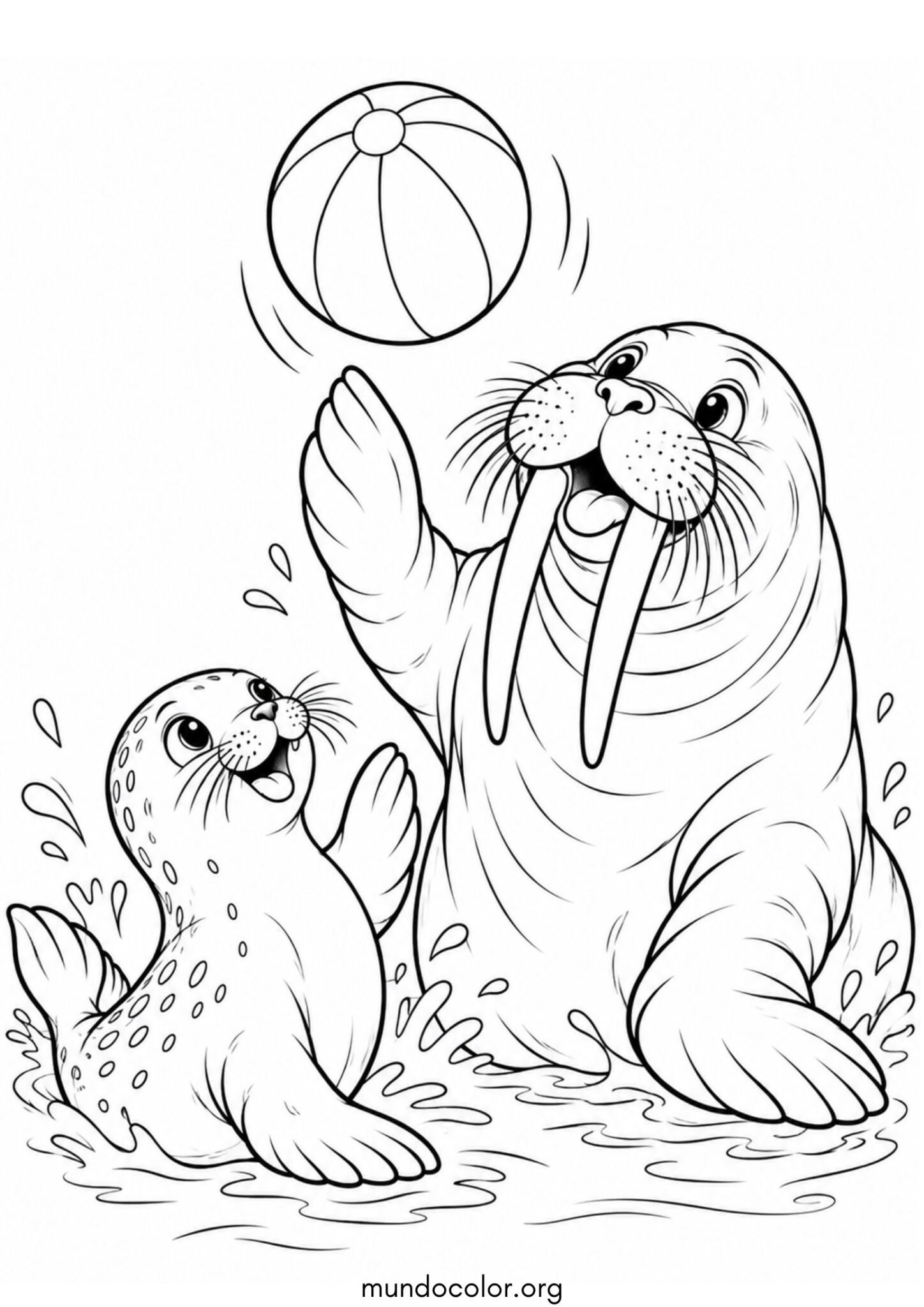 Dibujo de Morsa jugando con una pelota de playa junto a una foca para colorear