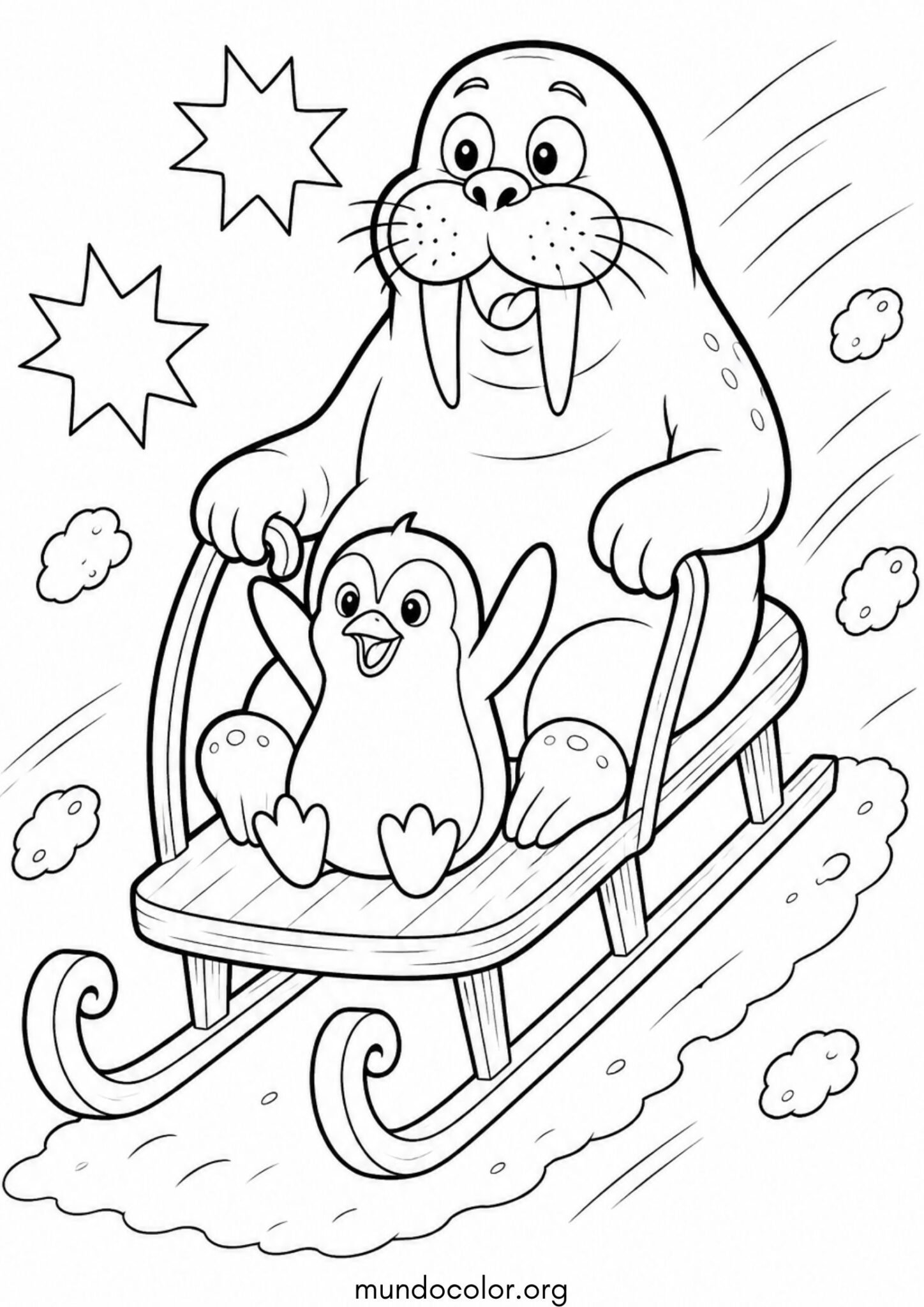 Dibujo de Morsa lanzándose en trineo junto a un pingüino amigo para colorear