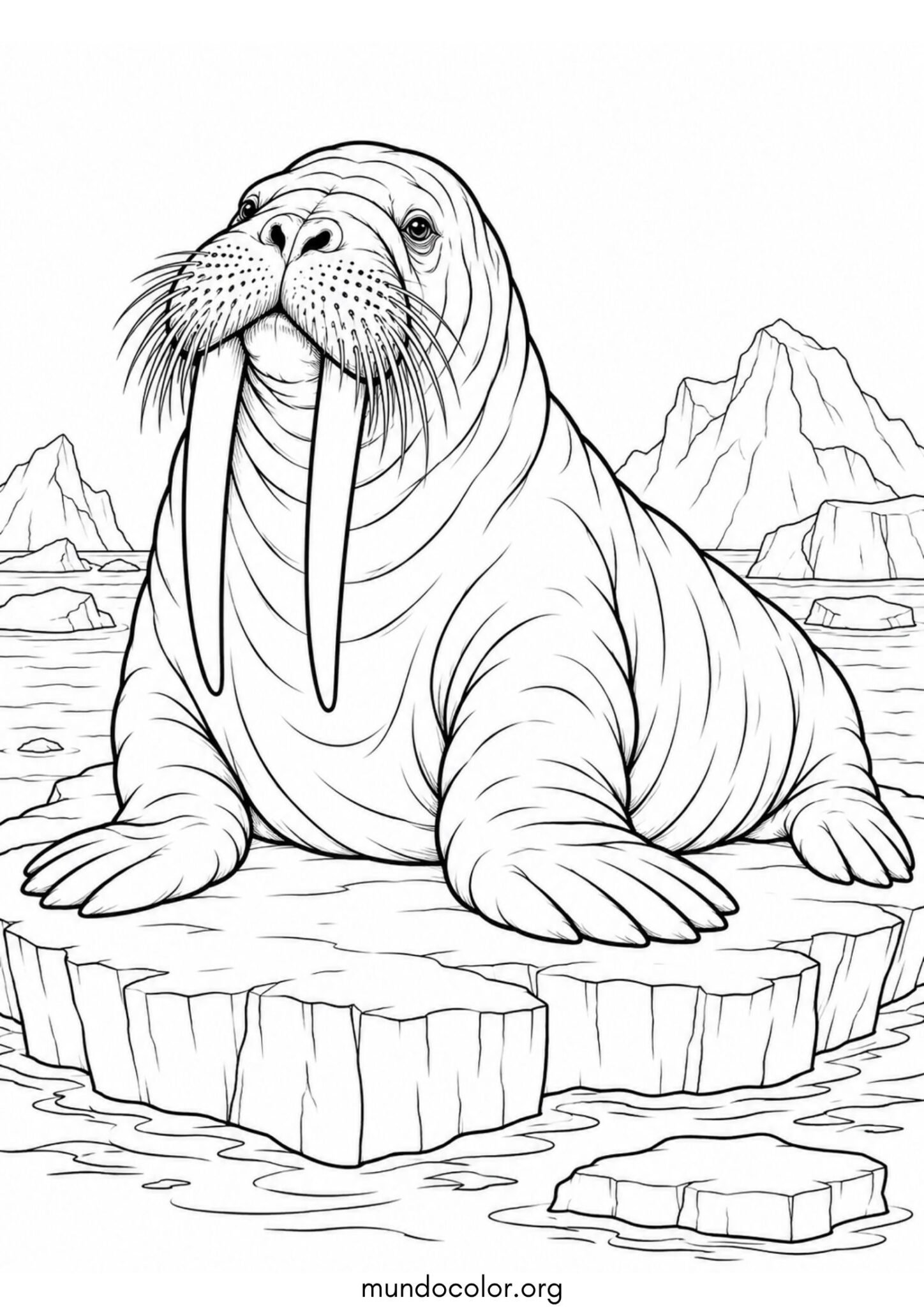 Dibujo de Morsa macho grande con colmillos largos sobre un iceberg flotante para colorear