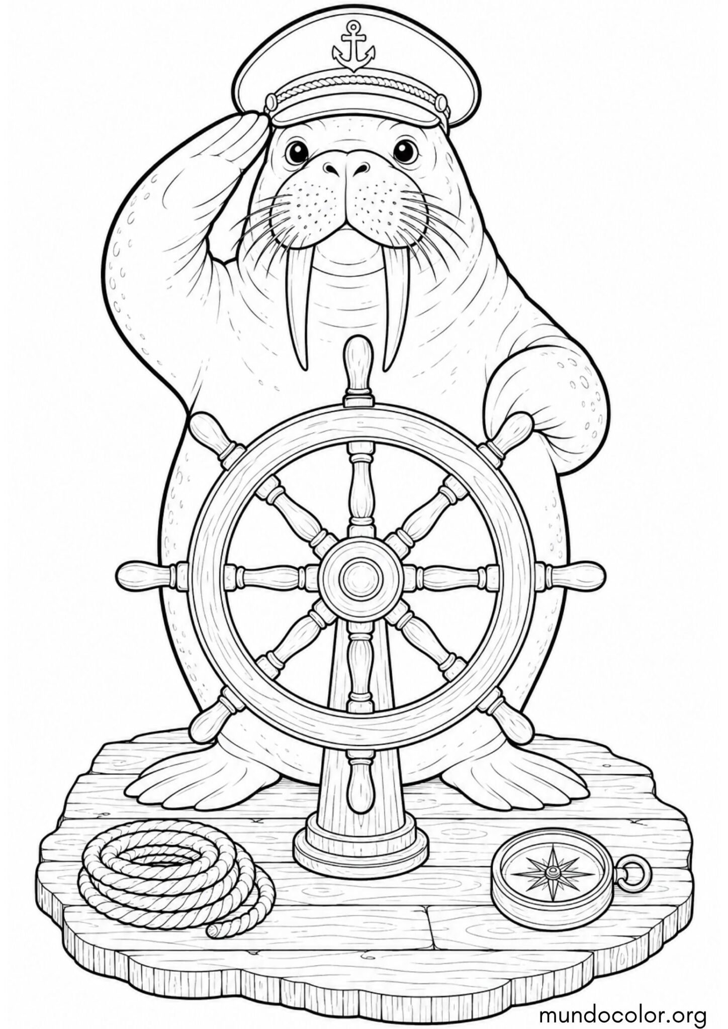 Dibujo de Morsa marinera con sombrero de capitán y timón de barco para colorear