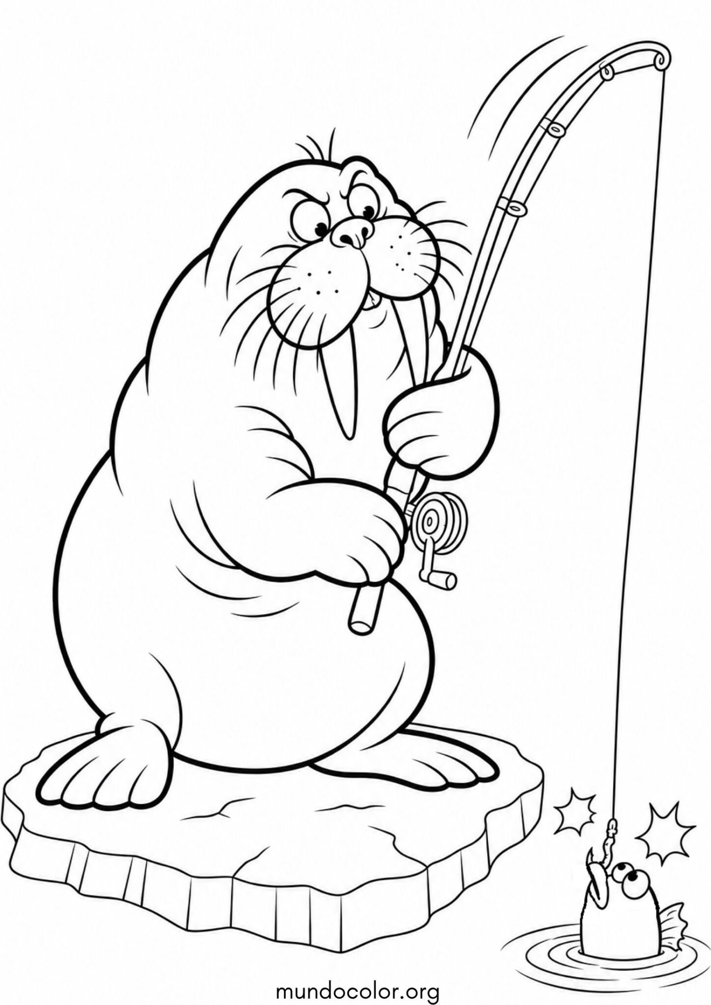 Dibujo de Morsa pescando con caña sentada al borde de un témpano para colorear