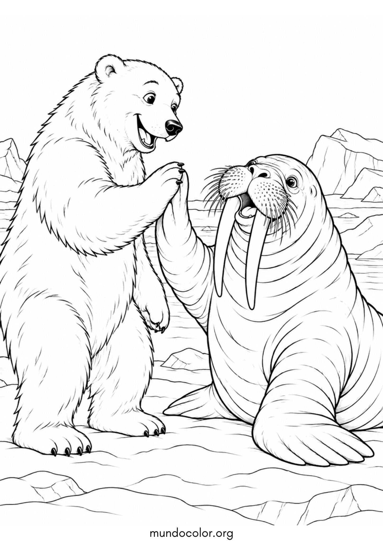 Dibujo de Morsa y oso polar saludándose amistosamente sobre la nieve para imprimir Dibujo de Morsa y oso polar saludándose amistosamente sobre la nieve para colorear