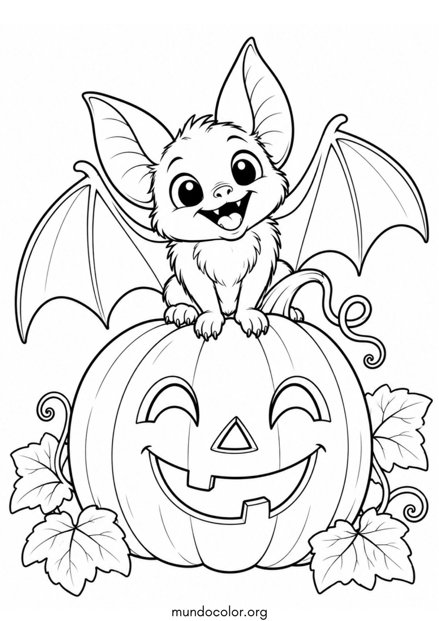 Dibujo de Murciélago simpático posado sobre una calabaza de Halloween sonriente para imprimir Dibujo de Murciélago simpático posado sobre una calabaza de Halloween sonriente para colorear