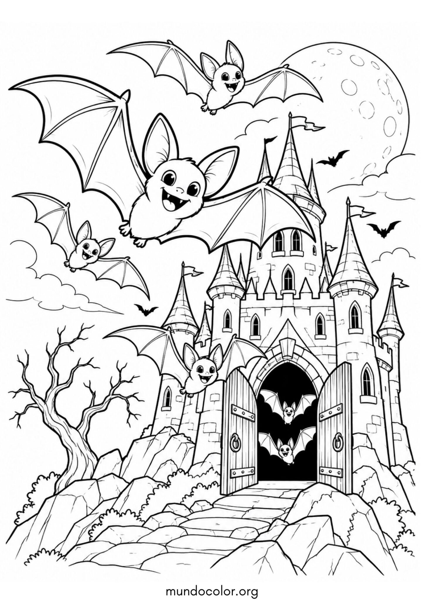 Dibujo de Murciélagos saliendo en bandada de un castillo encantado embrujado para imprimir Dibujo de Murciélagos saliendo en bandada de un castillo encantado embrujado para colorear